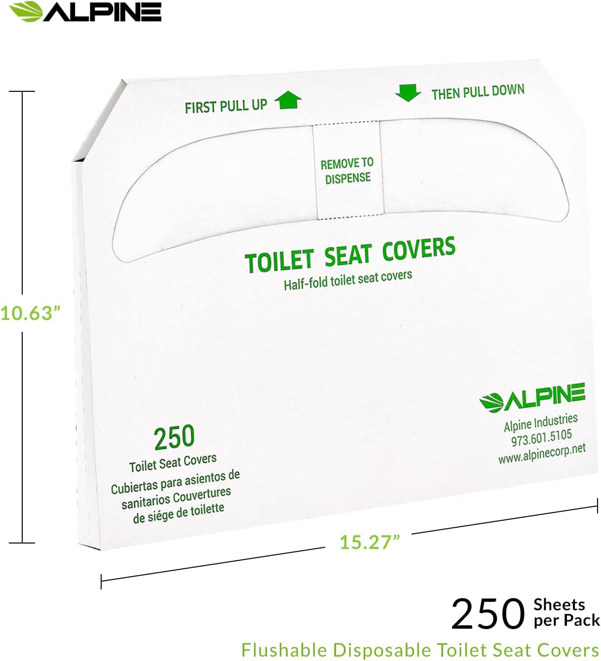 Alpine Industries Flushable Disposable Toilet Seat Covers for Public Bathroom - 250 Sheets Per Box - 3 Boxes - 750 Sheets