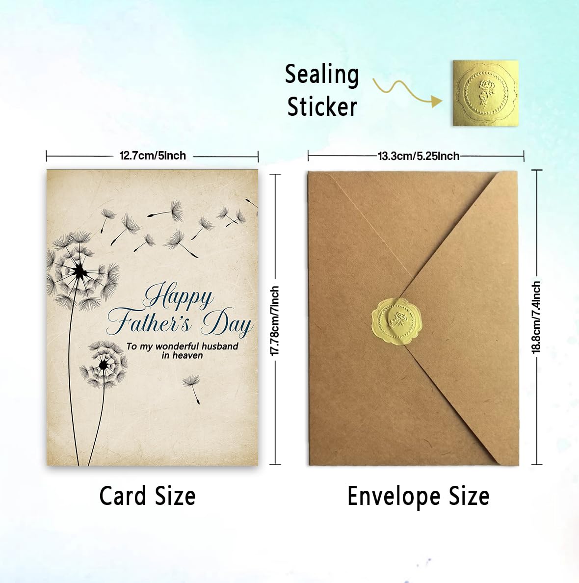 Memorial Fathers Day Card for Husband, Fathers Day Card for Husband in Heaven, Sympathy Fathers Day Gift, with Kraft Envelope and Gold Seal Sticker BST220