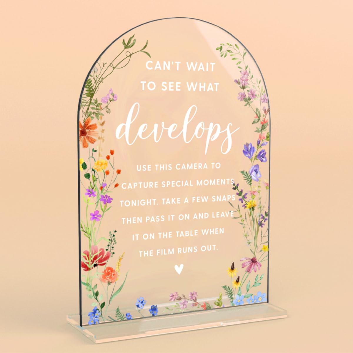 Acrylic Wedding Signs, Pick A Card Signs for Marriage Reception, Bridal Shower Decorations, Modern Arched Round Top Acrylic Table Top Sign with Holder for Wedding Party Dinner (Clear Wildflowers) BST326L