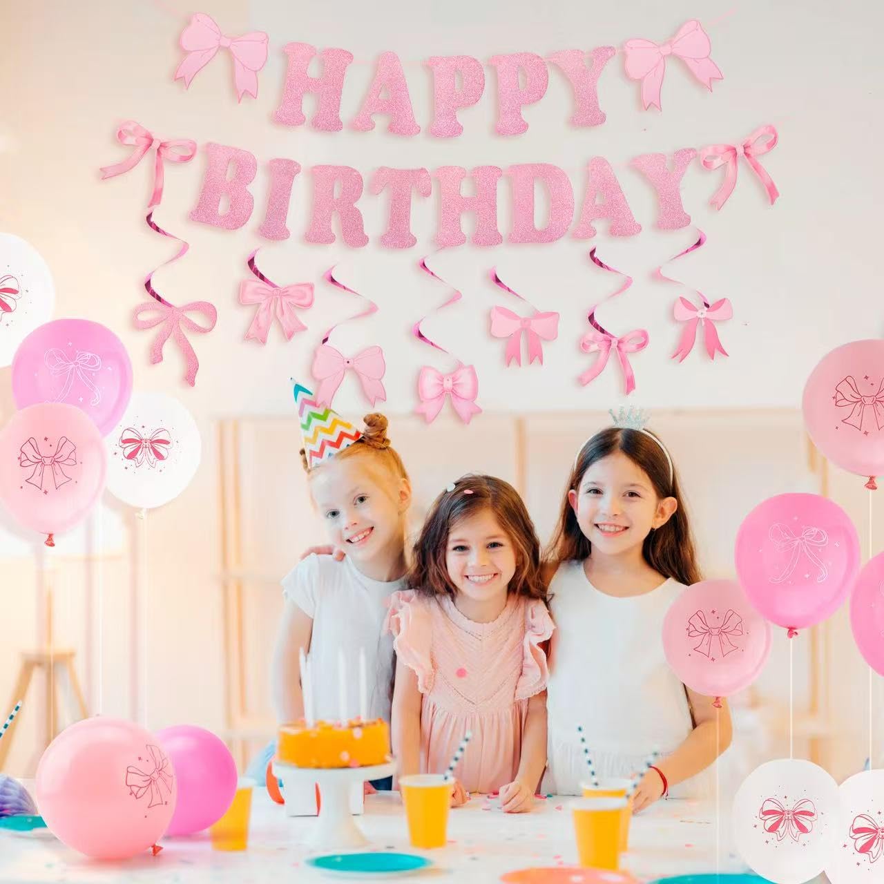 Black Bow Birthday Decorations Set - Coquette Theme Party Supplies with Happy Birthday Banner Garland, Hanging Swirls, Bow Balloons for Women Black Party Decorations Supplies (black) BST326L