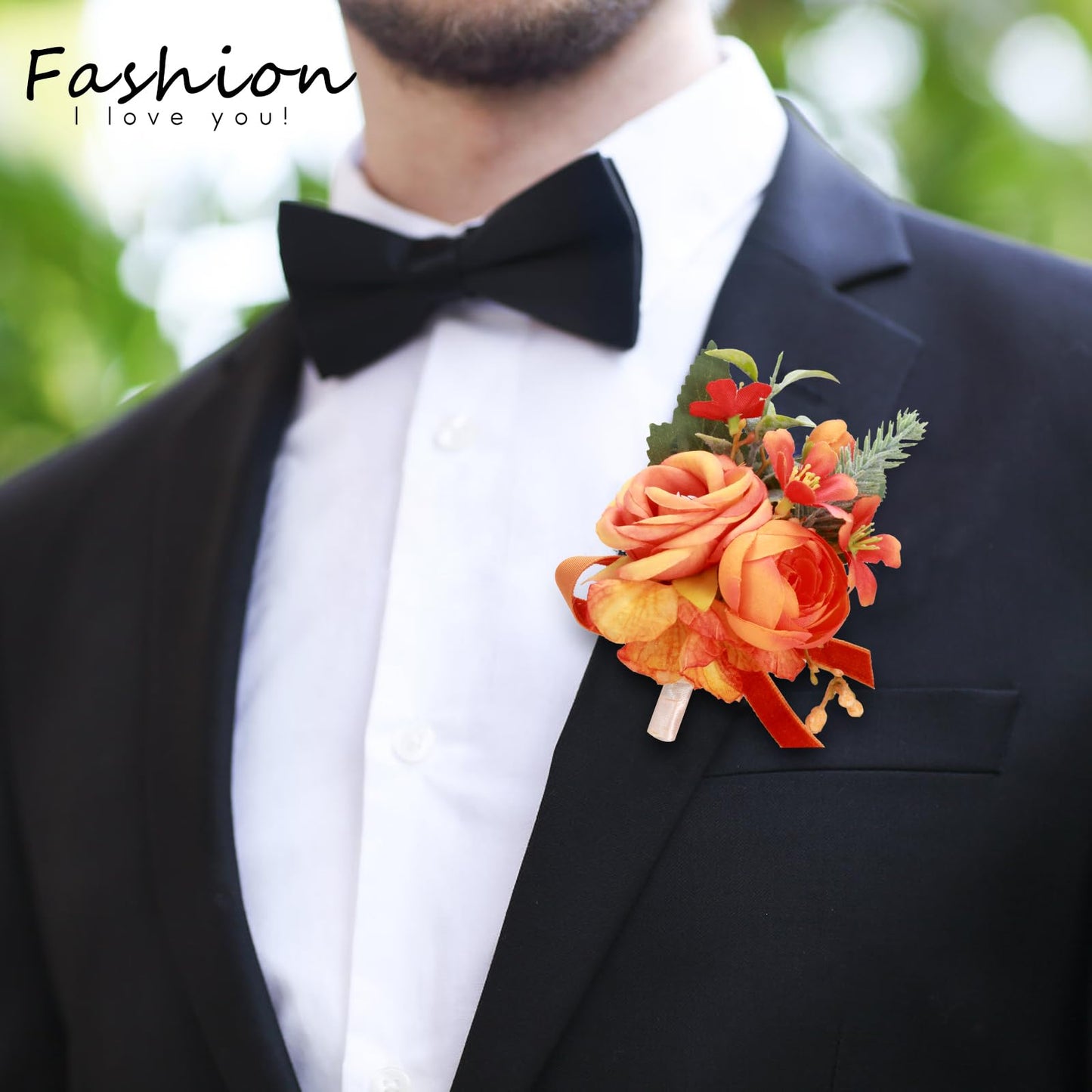 Prom Corsage And Boutonniere Set Orange – Artificial Silk Wrist Corsage & Boutonniere For Men Wedding – Groom Boutonniere For Prom, Homecoming, Courthouse Wedding, White Rose Corsage Wristlet Gift Set BST202
