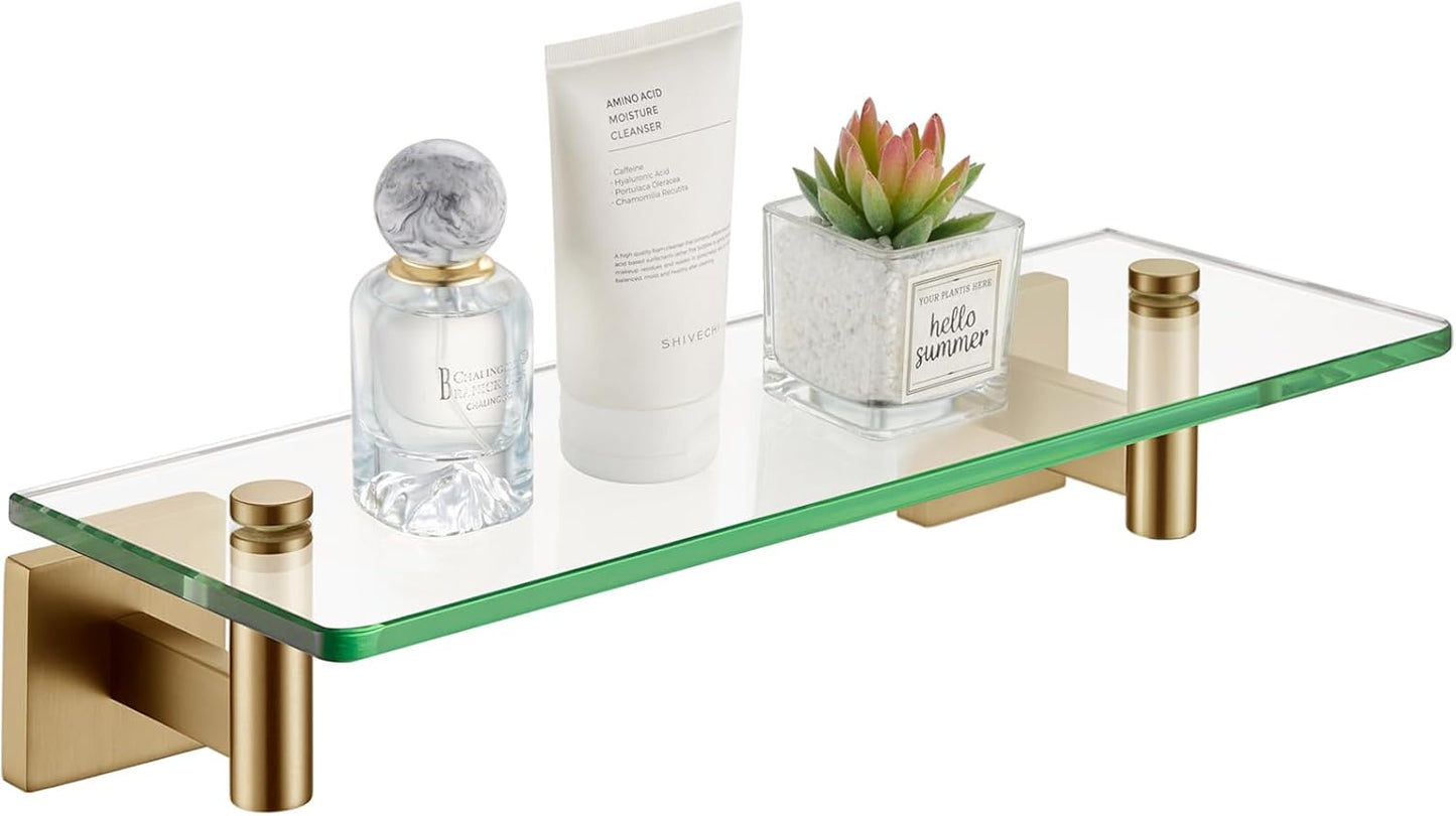 KOKOSIRI Wall Shelves Bathroom Hardware Glass Floating Shelf 12-Inch for Bedroom, Living Room, Kitchen, Hanging Rack Champagne Bronze B1105CPG-L12 BST202