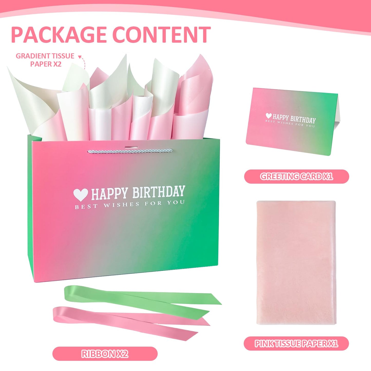Kecorax Birthday Gift Bag for Women, 14" Large Birthday Bags Set for Girls with Tissue Paper, Card and Ribbons, Suitable for Birthday-themed Parties BST220