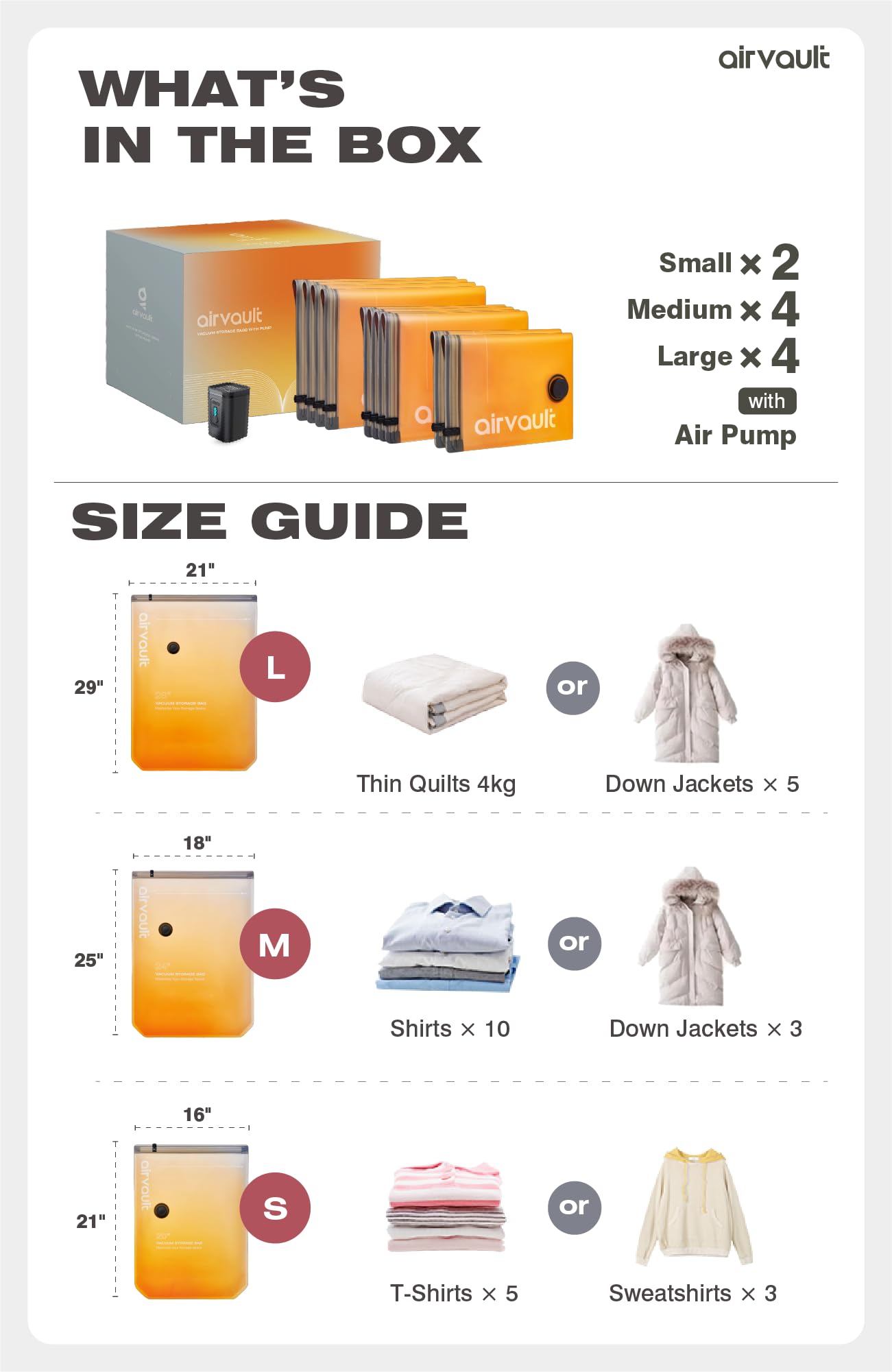 AirVault Vacuum Storage Bags for Travel & Home - Space Saver Compression Packing Bags Set for Clothes, Blankets & Seasonal Storage, Small (5), Medium (5), Large (5) (Orange,15-Pack Combo) BST326H