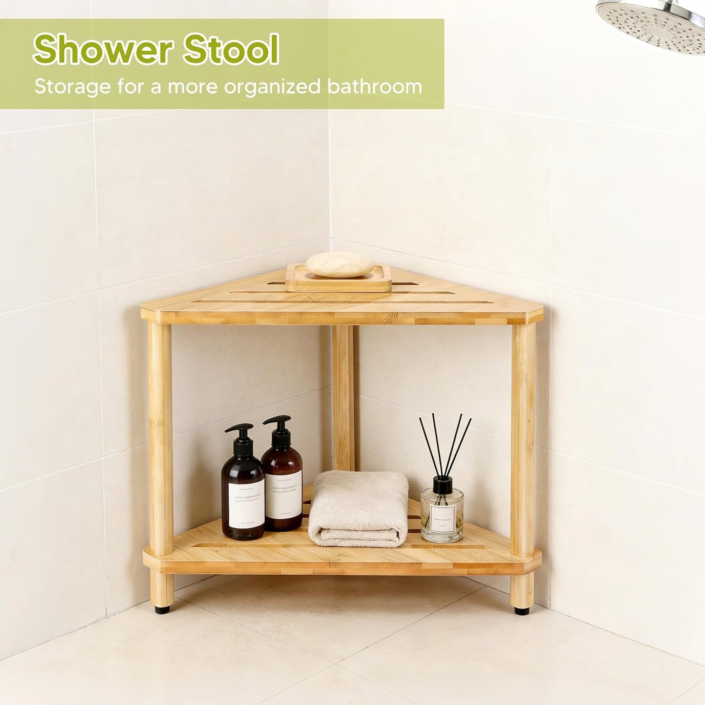 Bamboo Corner Shower Stool with Soap Dish, Waterproof Bath Bench Seat for Shaving Legs Inside Shower, 2-Tier Height Adjustable Foot Rest with Storage Shelf, Corner Bench for Women BST326H