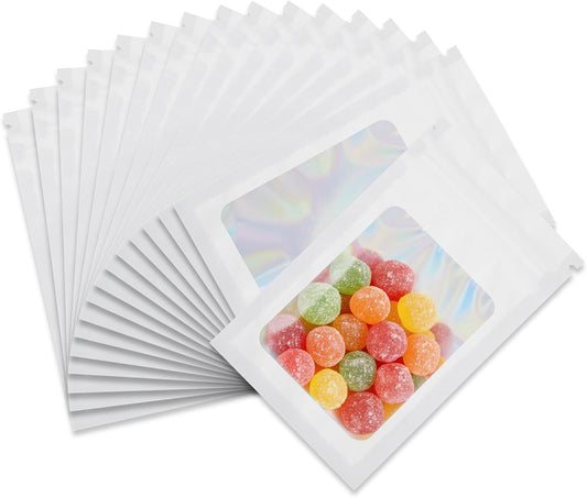 Holographic Mylar bags -100Pcs Self-Seal Resealable Zip Baggies with Clear Window, Smell Proof Laser Iridescent White 3x4.7 inch for Small Business Samples, Party favors,Snacks,Jewelry BST326L