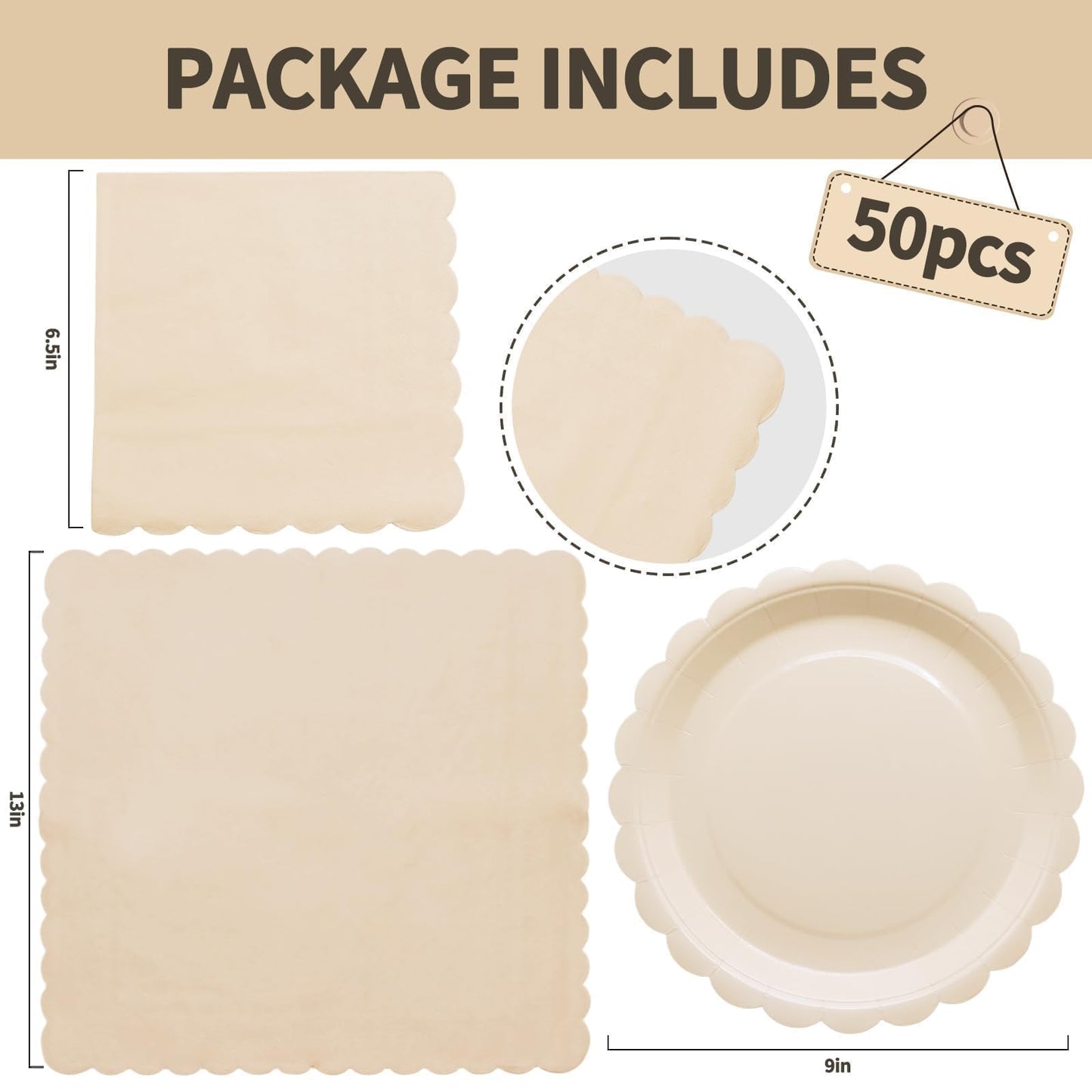 100 Pcs White Paper Plates and Napkins, 50 Pcs Guest White Party Supplies Including Scalloped Plates and Napkins for Independence Day Weddings, Parties BST326L