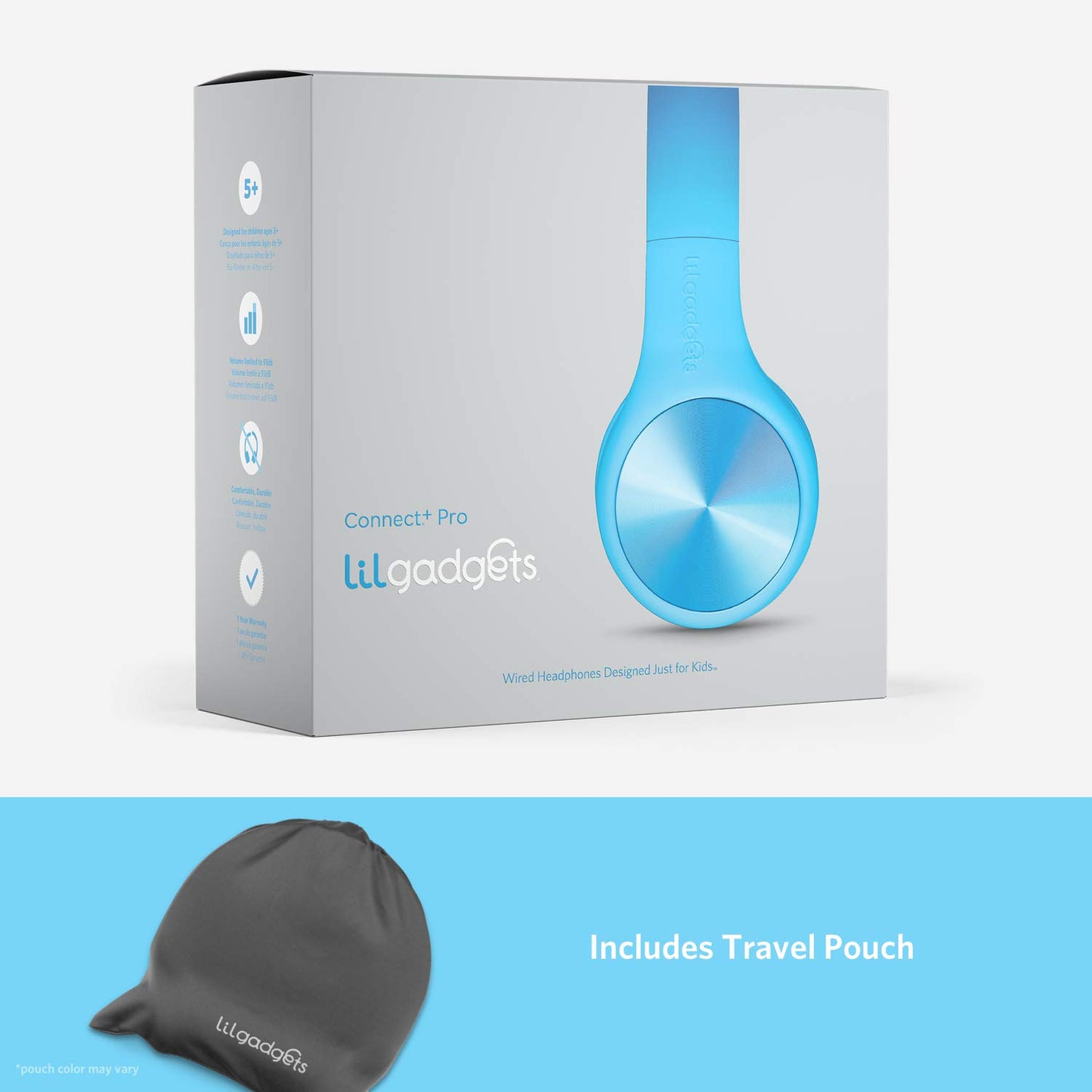 LilGadgets Connect+ Pro Wired Kids Headphones for School with Microphone, Volume Limiting Over-Ear Headset with Cord, SharePort Technology & SoftTouch Padding, Blue