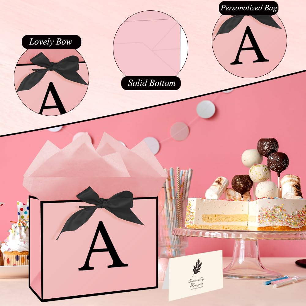 Eaureum Personalized Initial A Gift Bags for Girls Women, 13" Pink Initial A Gift Bags for Birthday Wedding Holidays Party Decorations for Her Girls Women Daughter Granddaughter Friends Wife BST326L