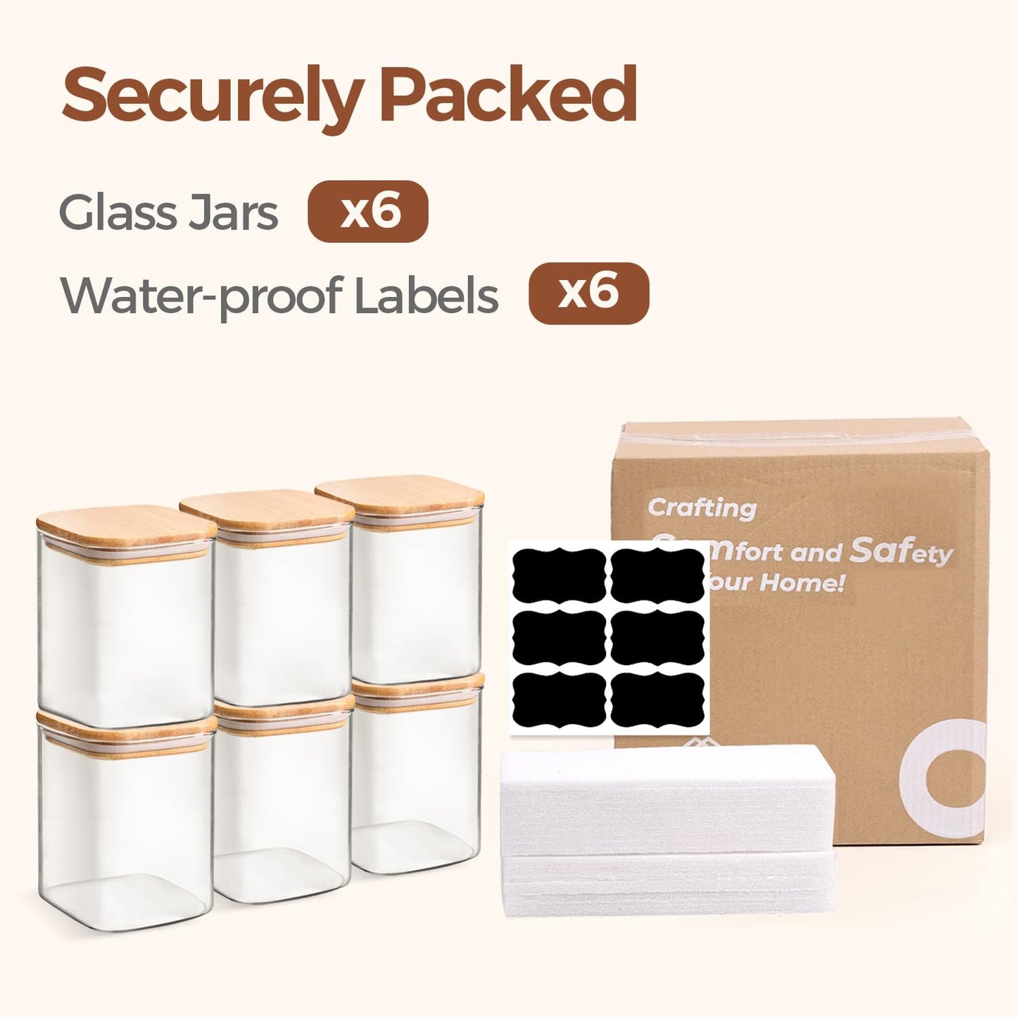 ComSaf 0.6 Qt Glass Food Storage Jars Set of 6, Clear Storage Containers with Airtight Lids, Pantry Organization Jar, Spice Jar, Blooming Tea, Coffee and Sugar Container, Canister Set for Kitchen BST220