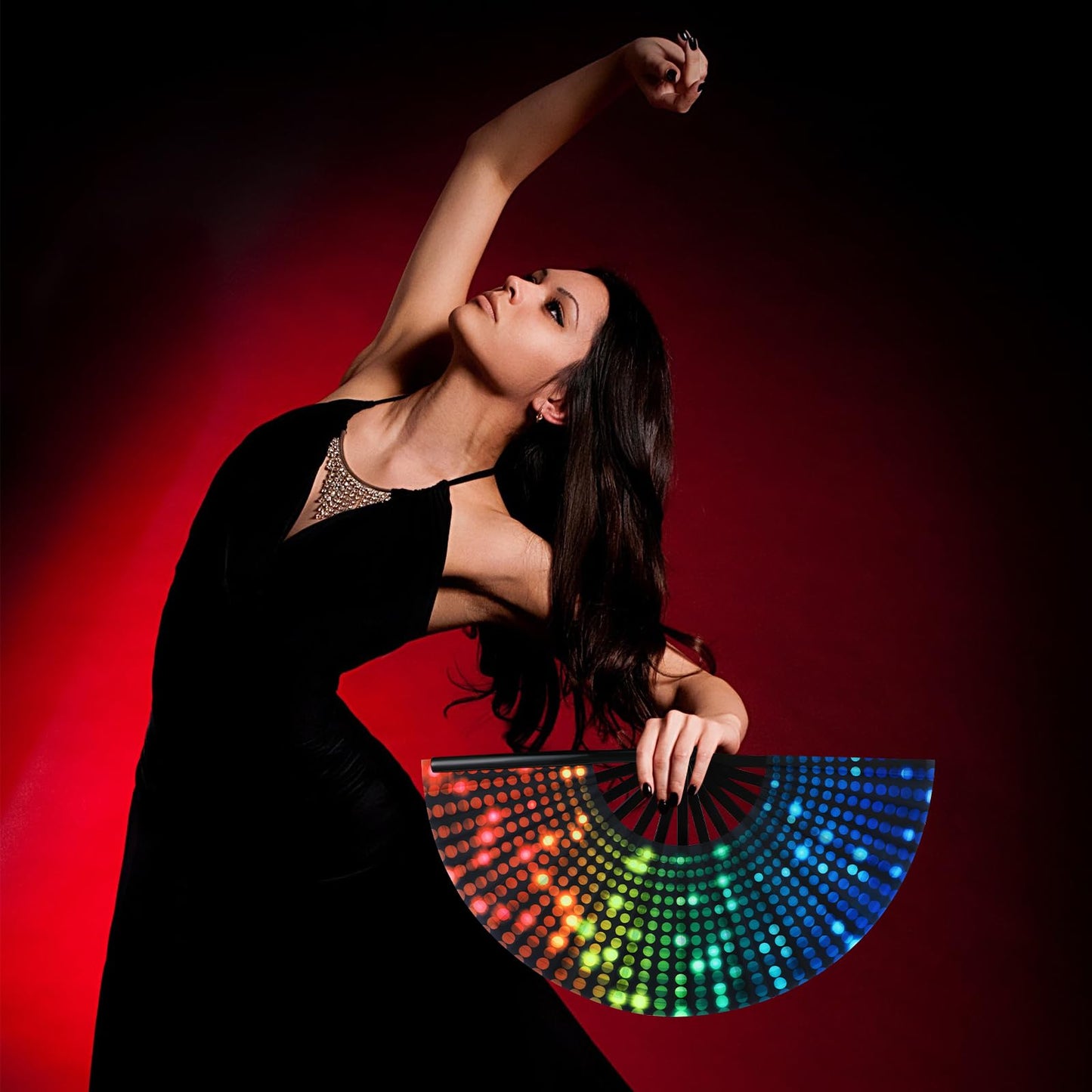 FairySandy Large Rave Fan UV Glow Clack Summer Hand Fan with Thigh Holster for Women Carnival Party Supplies for Carnival Edm Music Festival Club Accessories(Cool Style,Black) WN420