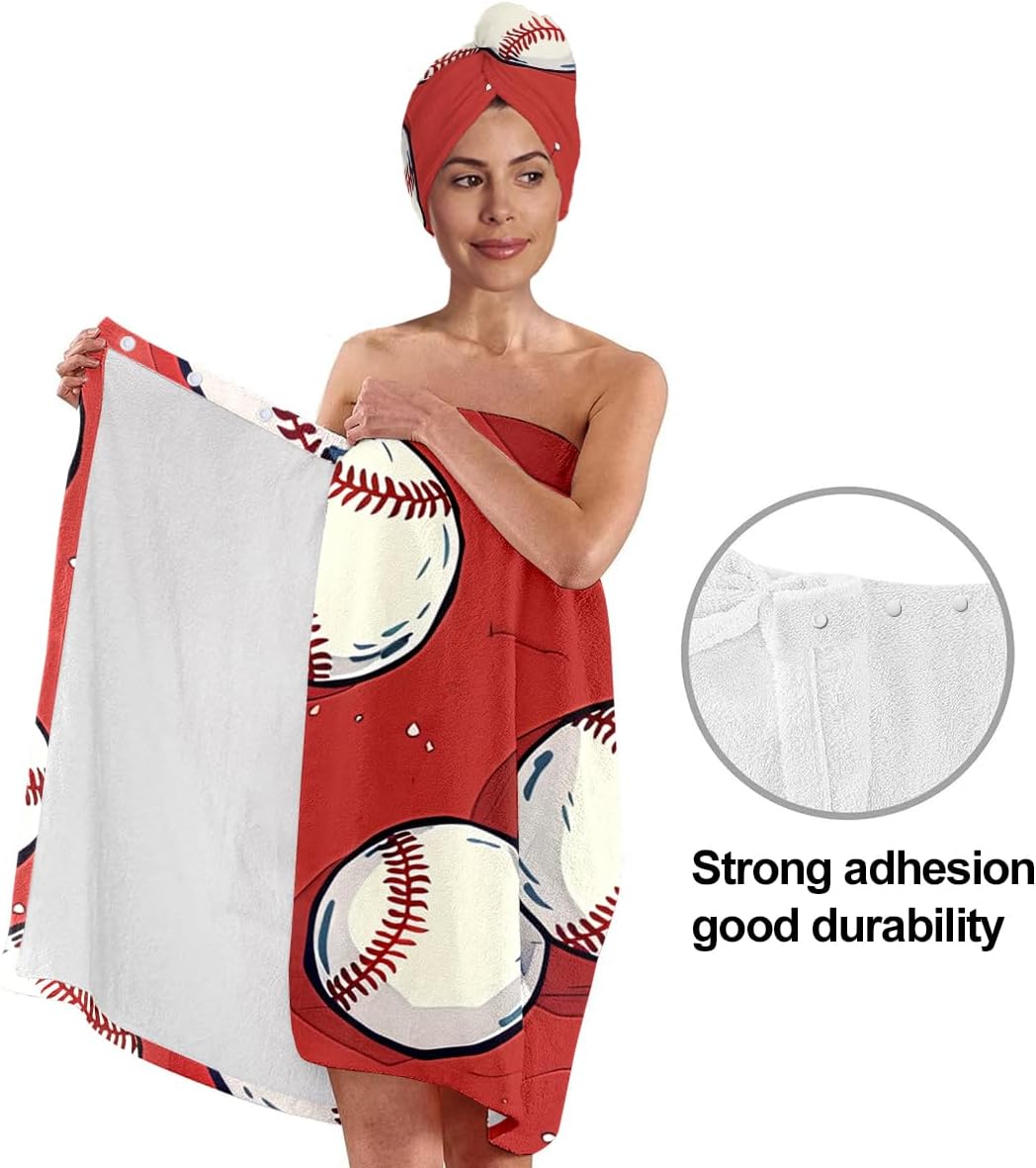 Baseball Pattern Microfiber Bath Wrap Set with Hair Turban, Red and White, Soft Absorbent Spa Towel Wrap for Women, 31.5x59 Inches BST202