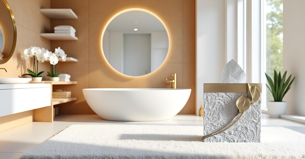 Square Tissue Box Cover Decorative Kleenex Box Holder for Bathroom & Living Room with Handcrafted Texture (colla Gold) BST220
