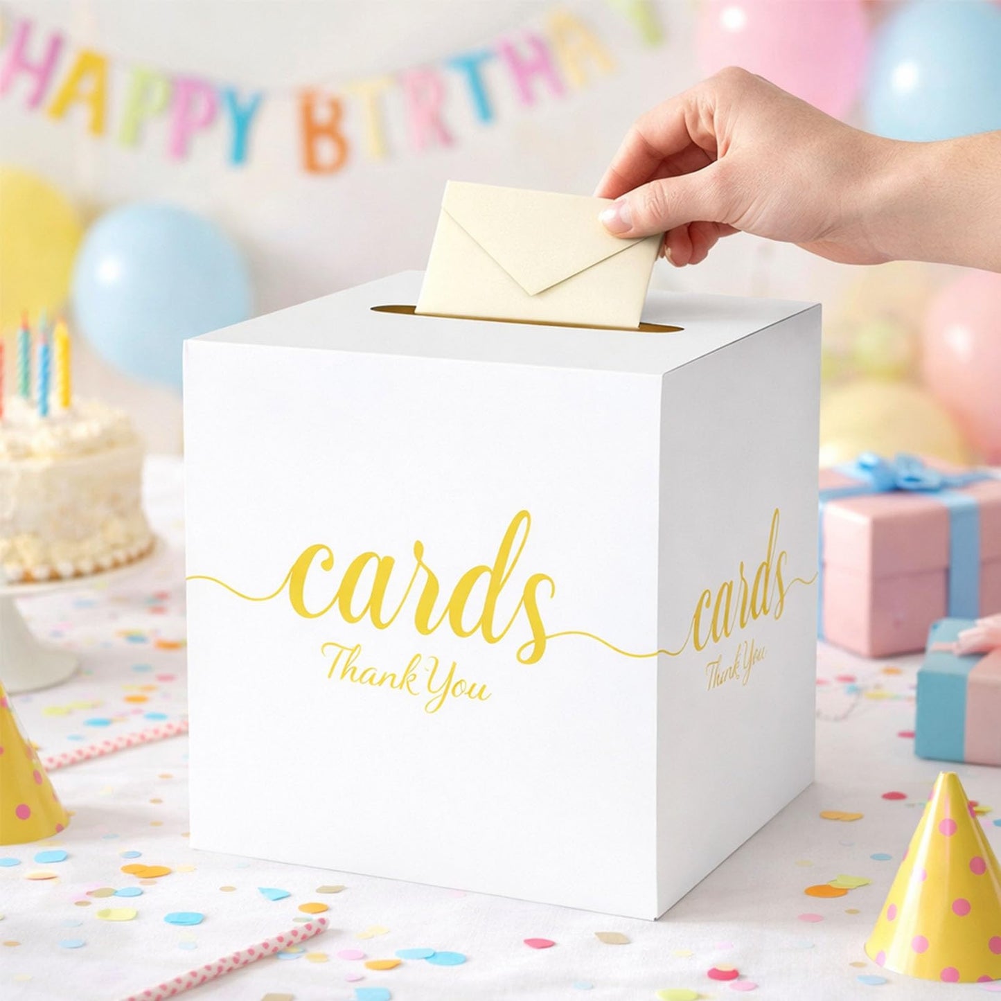 1 Pack White and Gold Wedding Card Box for Party Graduation Bridal Baby Shower Retirement Decorations Cardboard Birthday Card Holder Raffle Ballot Voting Box with Slot 7.8 x 7.8 x 7.8 In BST220