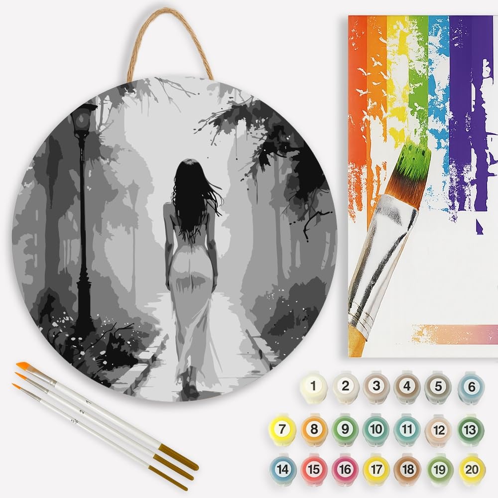 TAOPAOLAB Black and White Paint by Numbers Kit for Adults - DIY Woman Walking in Foggy Forest Path Painting on Canvas 8x12In, Framed Acrylic Paint Set for Beginners, Art for Decoration BST326H