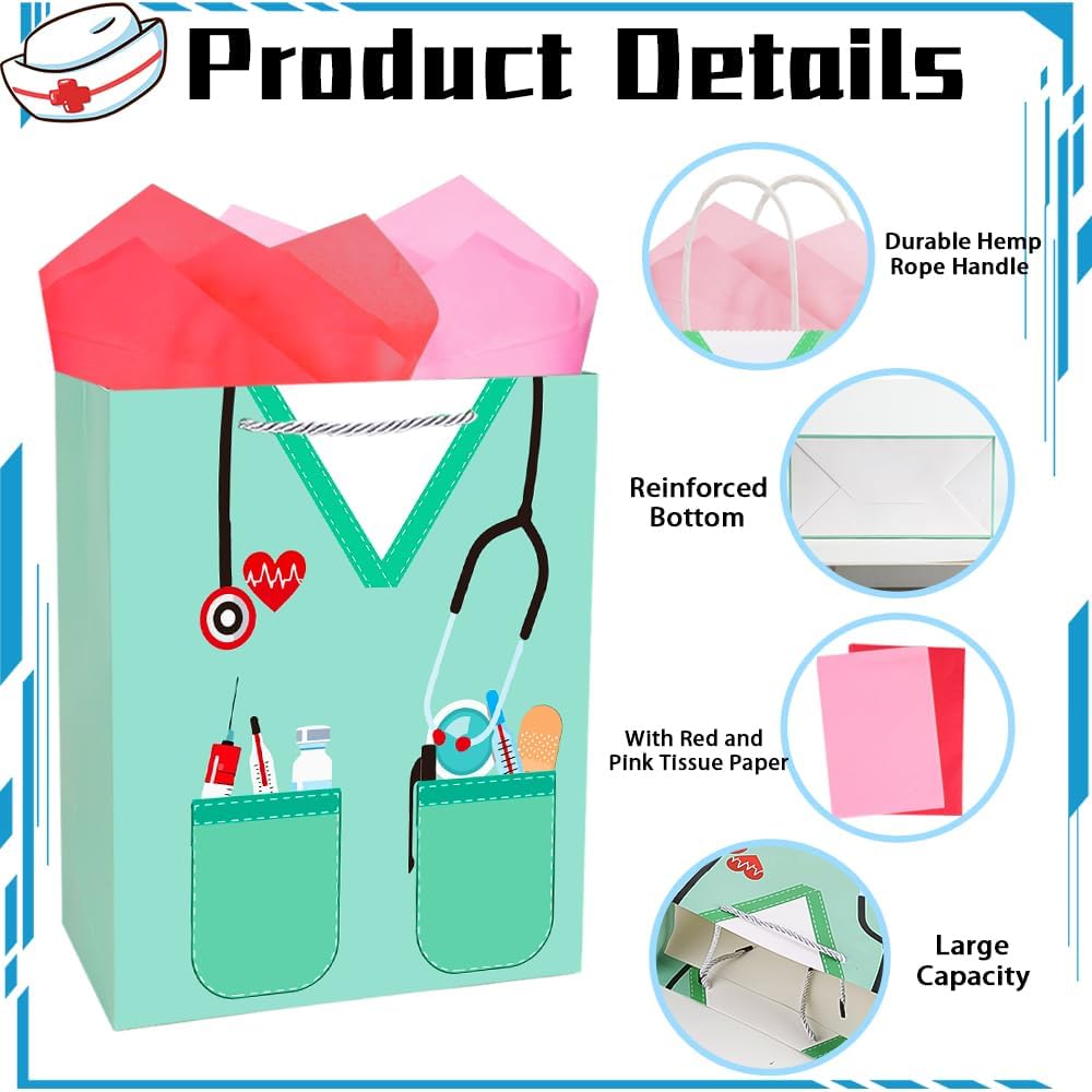 Nurse Graduation Gift Bag, Large Nurse Gift Bags with Tissue Paper, Nurses Paper Goodie Bags with Handles, Nurses Appreciation Gifts for Women Doctor Medical School Nursing Graduation Party Supplies BST326H