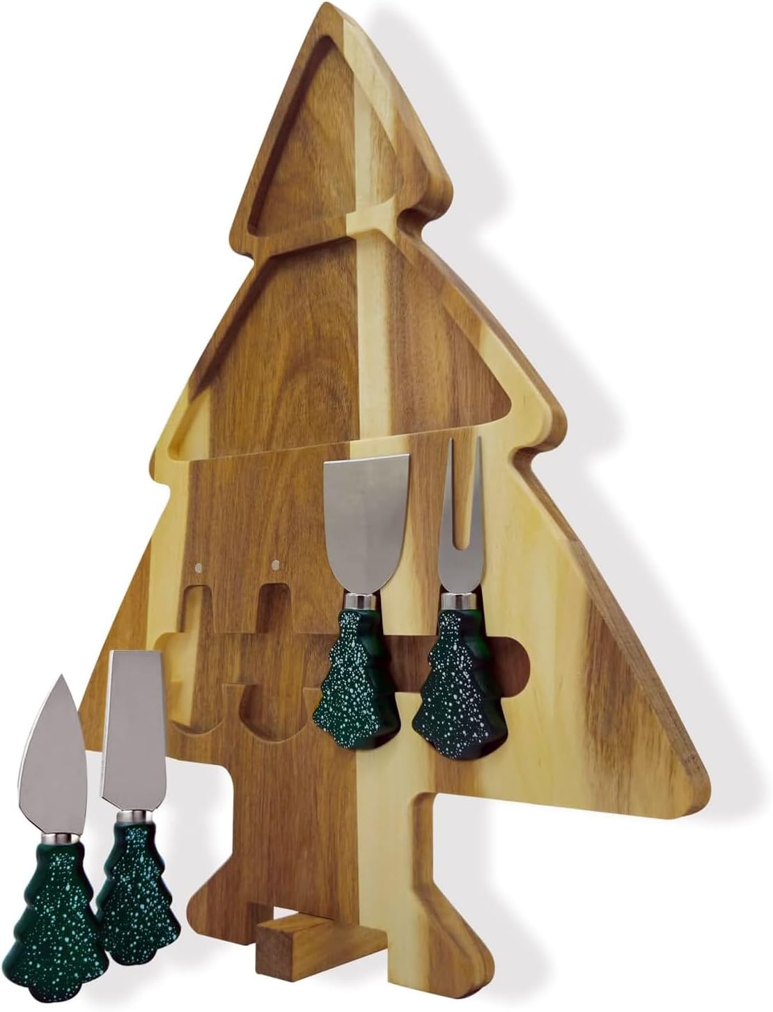 17.3'' Xmas Tree Charcuterie Board Set – Dual-Side Acacia Wood Serving Tray & Cutting Board with 4 Magnetic Knives, Rotating Base – Festive Cheese Platter for Christmas Snacks, Hostess Gift WN420