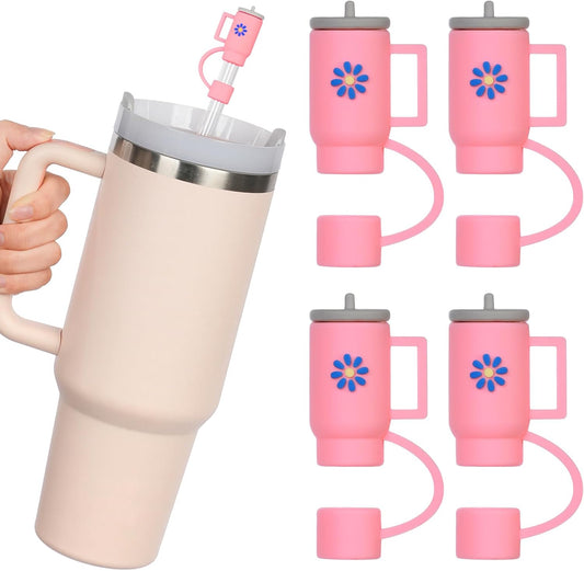AUAUY 4 Straw Covers for Stanley Cup 40oz & 30oz, Reusable Straw Tips 0.4"/10mm, Cute Accessories (Rose Red Cup) WN420