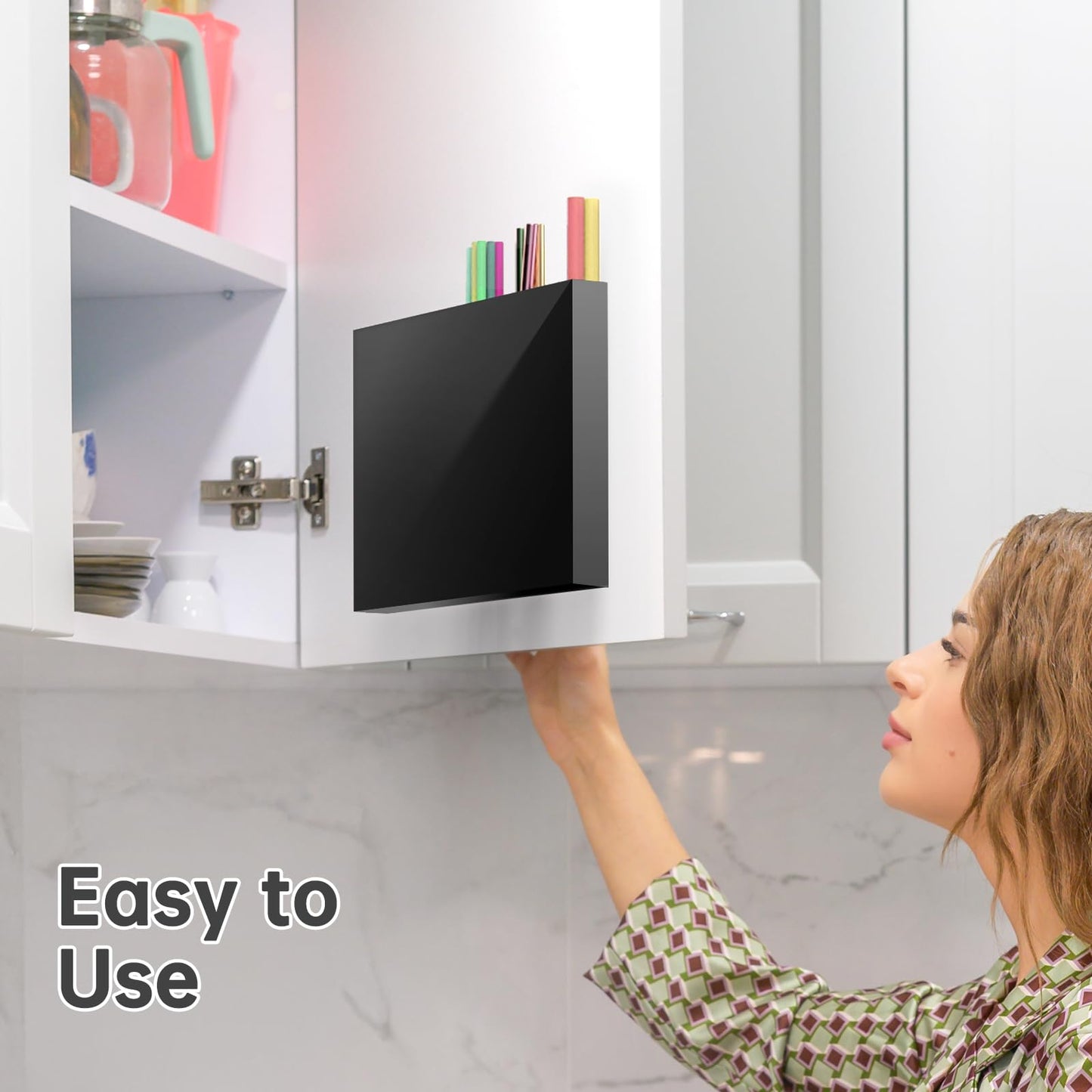 NiHome 10” Large Clear Acrylic Straw Holder for Cabinet Door – Fully Enclosed Straw Organizer for Cabinet Doors or Countertops, Ultra Sticky Mount, Space-Saving Kitchen Accessories Container BST326H
