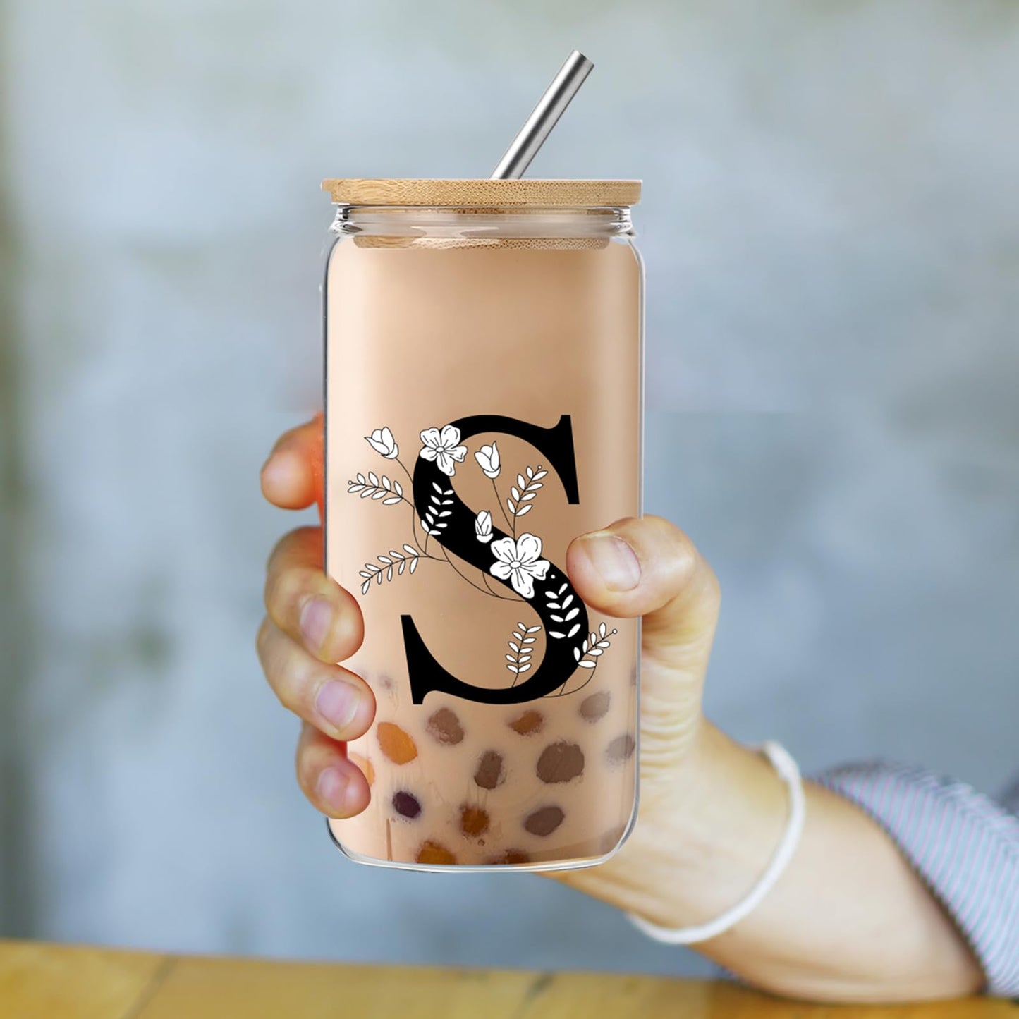Monogrammed Initial Glass Cup with Lids and Straws gift for Women | Personalized Gift Set with Doll, 16 Oz Ice Coffee Cup ,reusable glass tumbler,Birthday Christmas Gift for Her,U WN420
