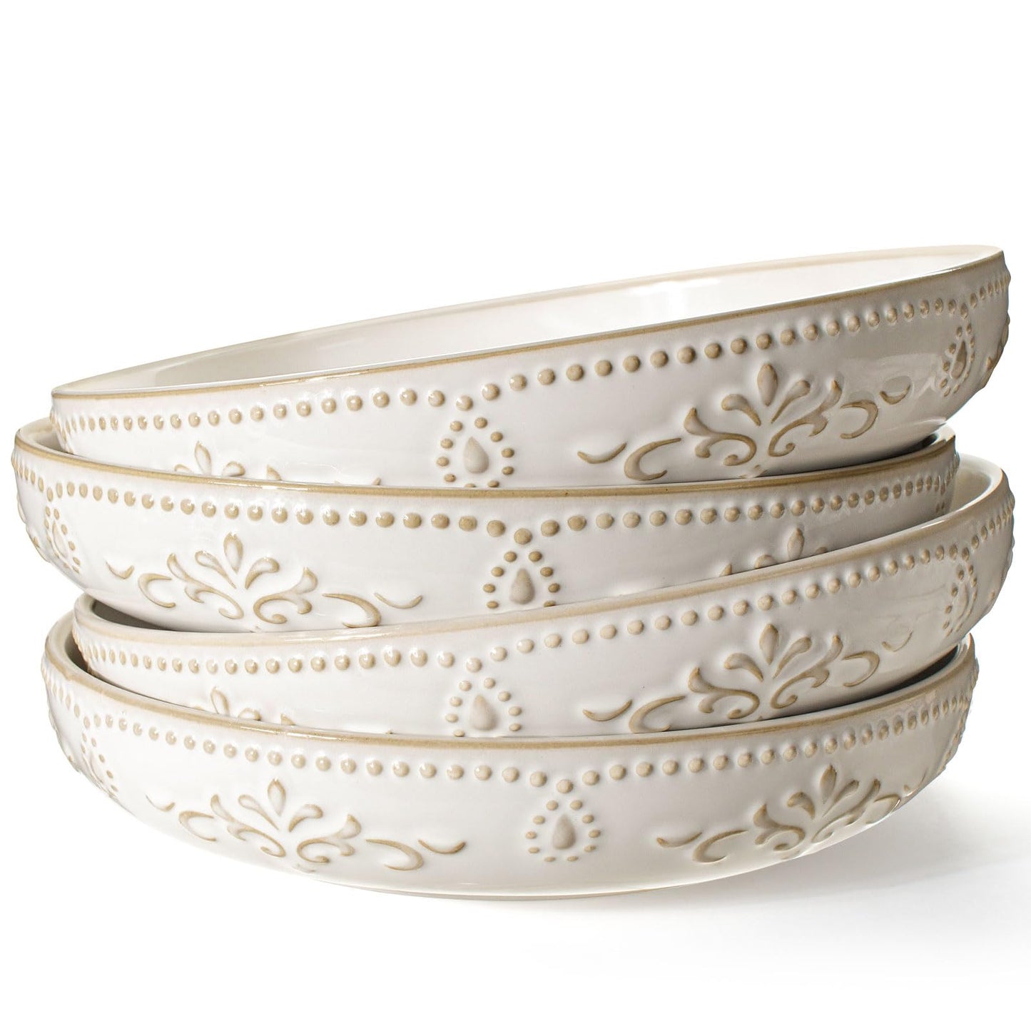 Artena Pasta Bowls, 50oz Large Salad Serving Bowls, 9.75'' Plates Bowls Set of 4, Big White Ceramic Soup Bowls for Kitchen, Embossment Shallow Dinner Bowl, Microwave Dishwasher Safe, Willow Leaf BST326H