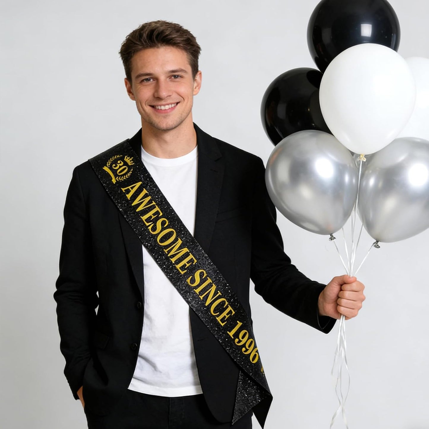 30th Birthday Sash - Unisex Black Glitter Leather Sashes with Gold Foil Letter Awesome Since 1996 for Men Women Decorations Party Supplies Accessories Gifts Outfit BST326L