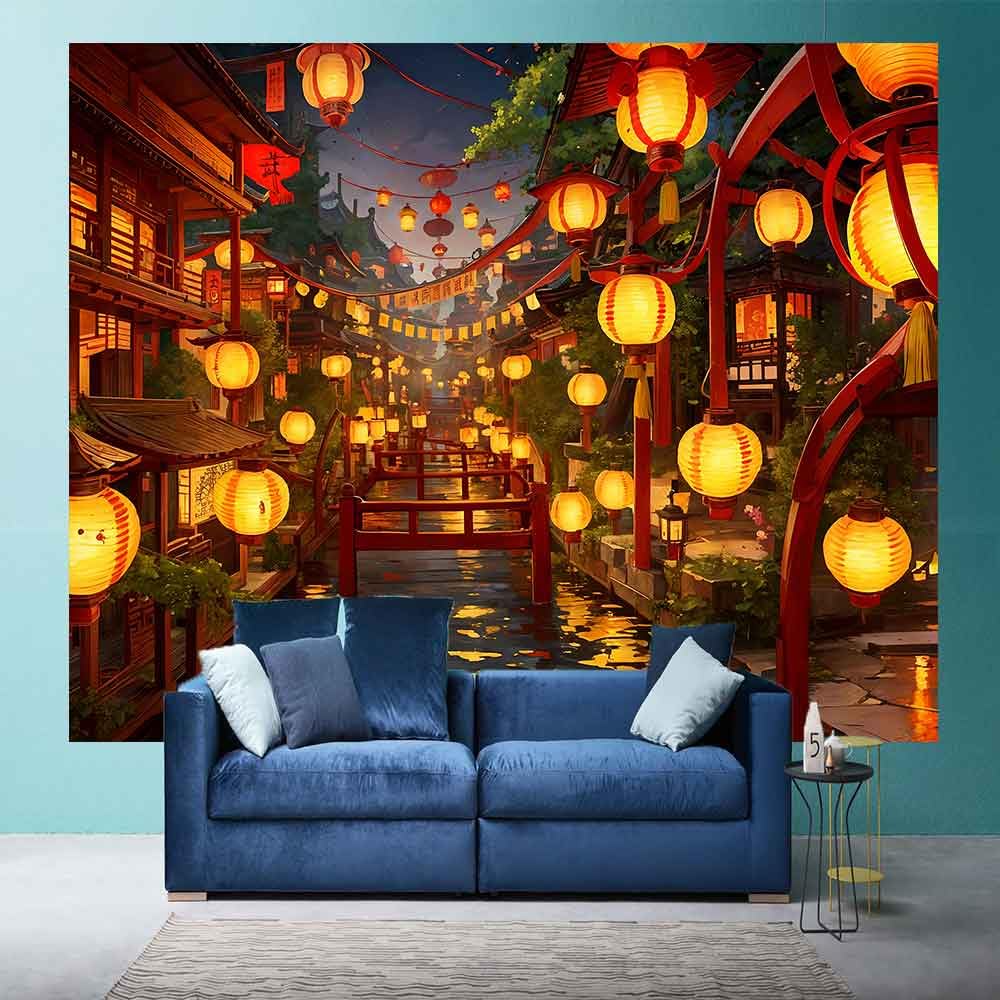 Ine Ive Japanese Tapestry Wall Hanging Large Size 93x71 Inch | Traditional Japan Streets filled with lanterns tapestry for Bedroom Living Room Dorm Office Restaurant Wall Decor BST202