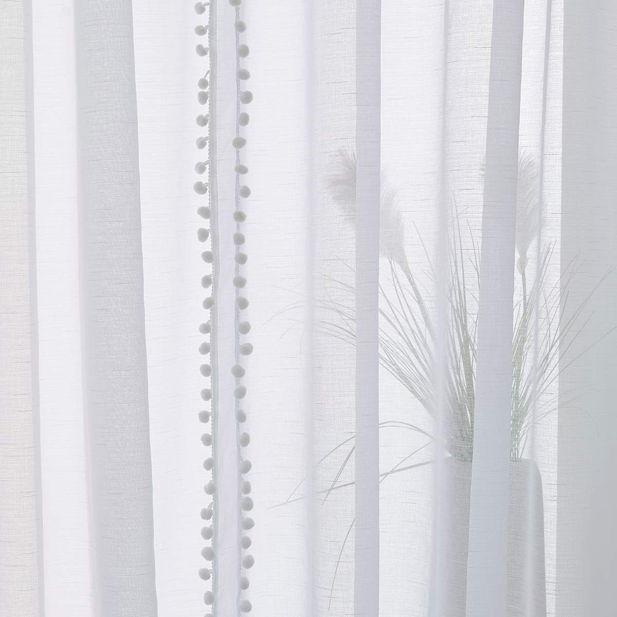 Treatmentex Pom-Pom Grey Sheer Curtains for Bedroom 63" Window Drapes Rod Pocket Textured Sheer Curtain for Kids Room 52" w 2 Panels BST202