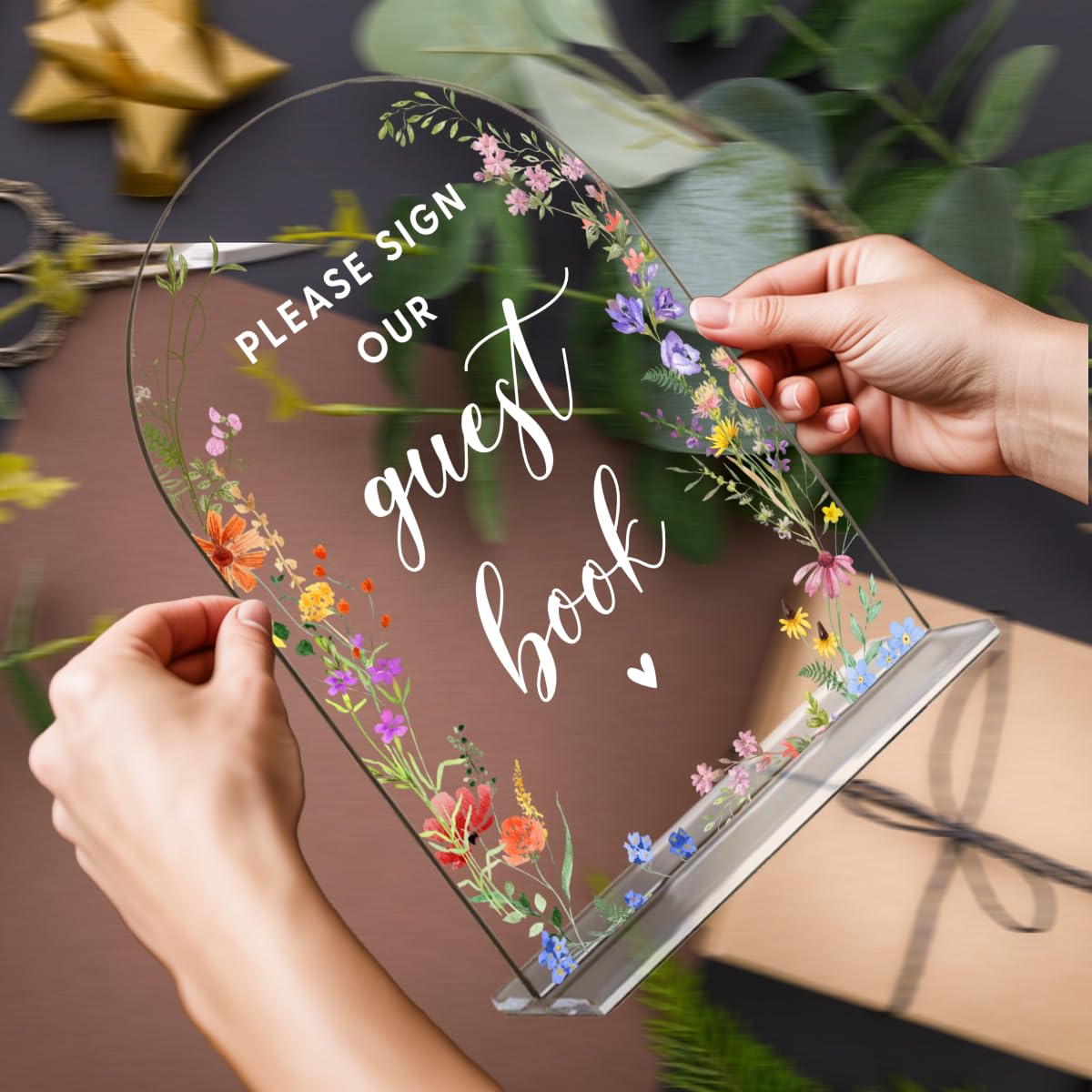 Acrylic Wedding Signs, Pick A Card Signs for Marriage Reception, Bridal Shower Decorations, Modern Arched Round Top Acrylic Table Top Sign with Holder for Wedding Party Dinner (Clear Wildflowers) BST326L