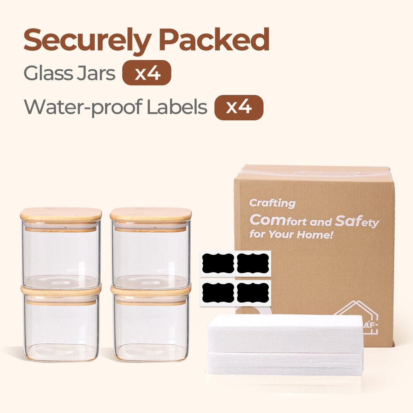 ComSaf 0.6 Qt Glass Food Storage Jars Set of 6, Clear Storage Containers with Airtight Lids, Pantry Organization Jar, Spice Jar, Blooming Tea, Coffee and Sugar Container, Canister Set for Kitchen BST220
