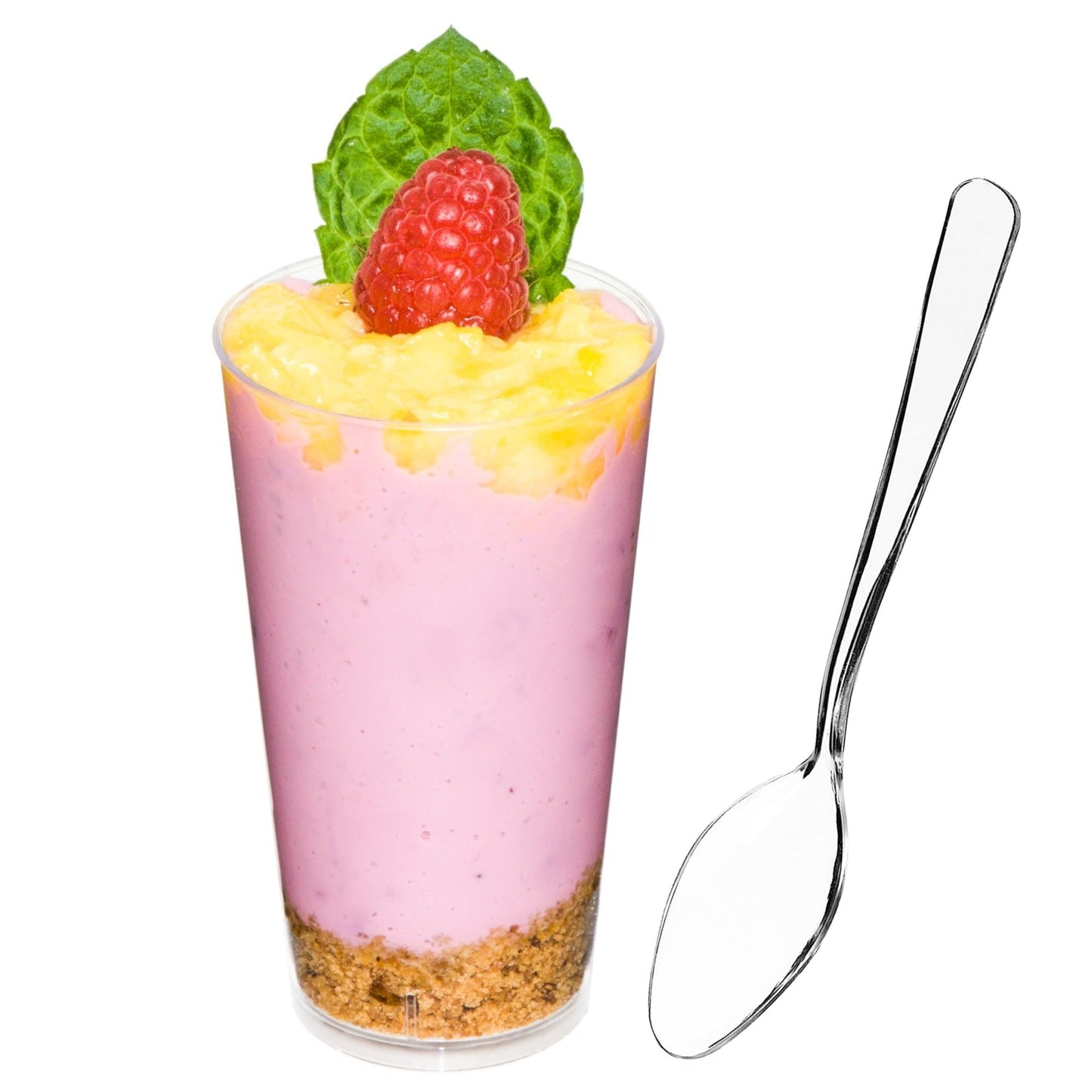 DLux 100 x 3 oz Mini Dessert Cups with Spoons, Shooter - Clear Plastic Parfait Appetizer Cup - Small Reusable Shooter Glass for Tasting Party Shooters Desserts Appetizers - With Recipe Ebook BST220