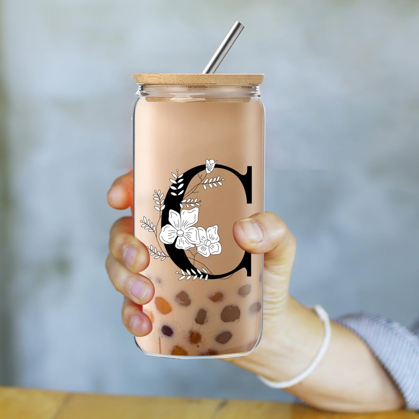 Monogrammed Initial Glass Cup with Lids and Straws gift for Women | Personalized Gift Set with Doll, 16 Oz Ice Coffee Cup ,reusable glass tumbler,Birthday Christmas Gift for Her,U WN420