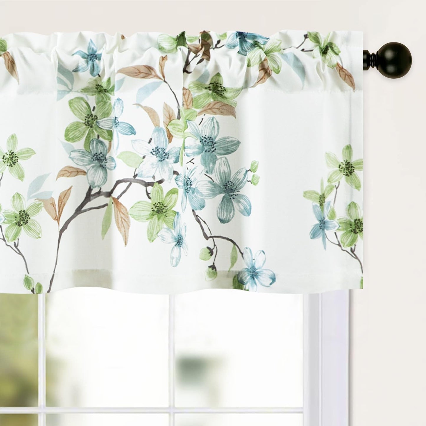 Leeva Farmhouse Kitchen Valances for Windows, Watercolor Blossoming Floral Print Curtains, Soft Faux Linen Curtain Toppers and Valances for Bedroom, 60 x 14 Inch, Brown & Grey, 1 Panel BST220