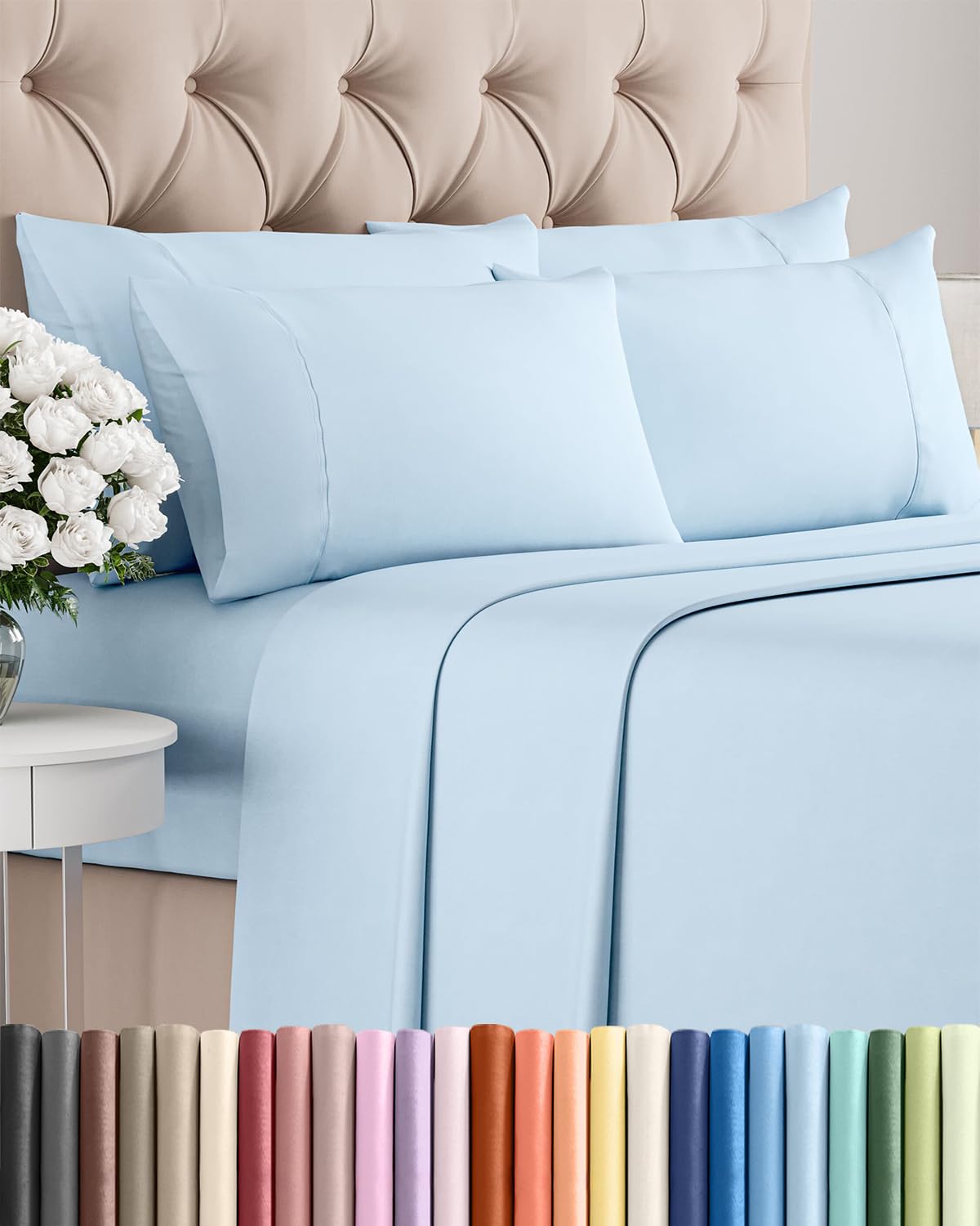 Split King 7 Piece Sheet Set - Comfy Breathable & Cooling - Soft Hotel Luxury Bedding Set with 8-16 Inch Deep Pockets - 1 Flat & 2 Fitted Sheet & 4 Pillowcases - Wrinkle Free & Easy Care - Steel Blue DD1210