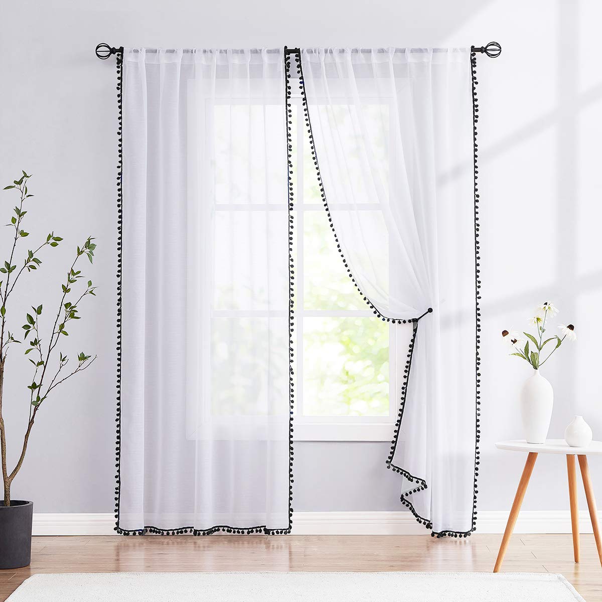 Treatmentex Pom-Pom Grey Sheer Curtains for Bedroom 63" Window Drapes Rod Pocket Textured Sheer Curtain for Kids Room 52" w 2 Panels BST202