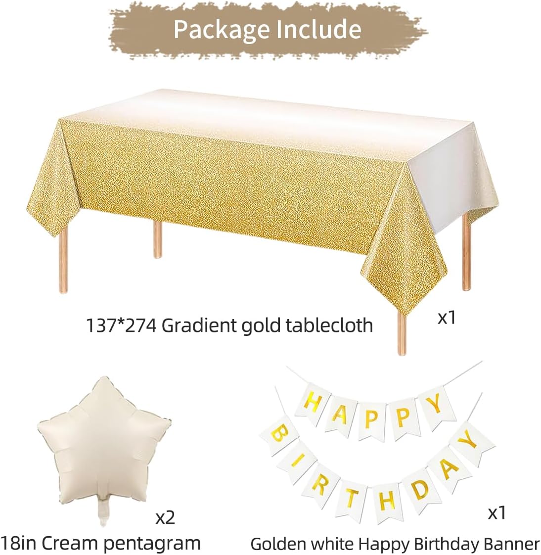 Gold Birthday Decorations for Women, Gold White Birthday Decorations Sand White Beige Neutral Gold Balloons Table Cloth Curtains Happy Birthday Banner Butterfly Boho Birthday Party Decorations BST326H