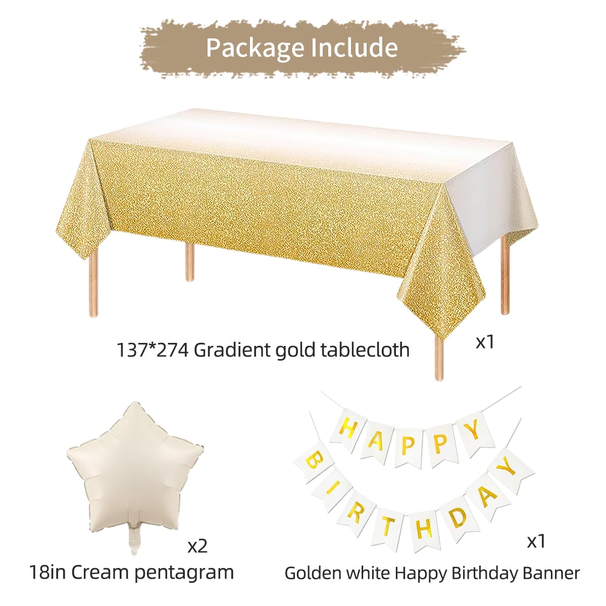Gold Birthday Decorations for Women, Gold White Birthday Decorations Sand White Beige Neutral Gold Balloons Table Cloth Curtains Happy Birthday Banner Butterfly Boho Birthday Party Decorations BST326H