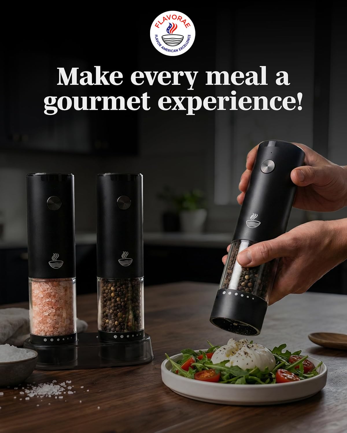 Electric Salt and Pepper Grinder Set - Black 2 Pack Battery Operated Mills with 95ml Large Capacity, Adjustable Coarseness, Built-in LED Light, Automatic Salt & Pepper Shakers for Kitchen BST220