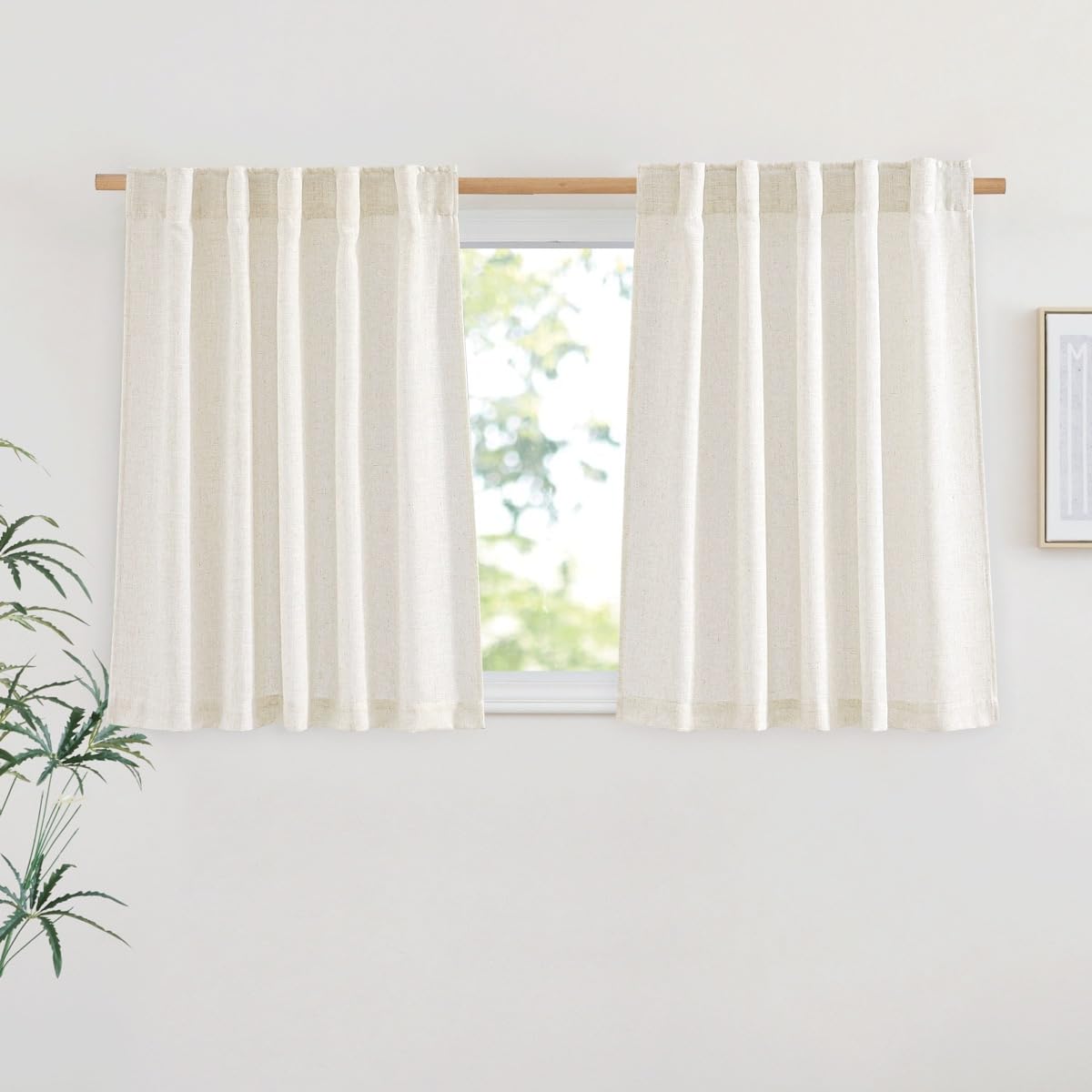 NICETOWN White Semi Sheer Kitchen Curtains 30 inch Length, Rod Pocket & Back Tab Faux Linen Blend Privacy with Light Filtering Window Drapes for Cafe, W34 x L30, 2 Panels BST220