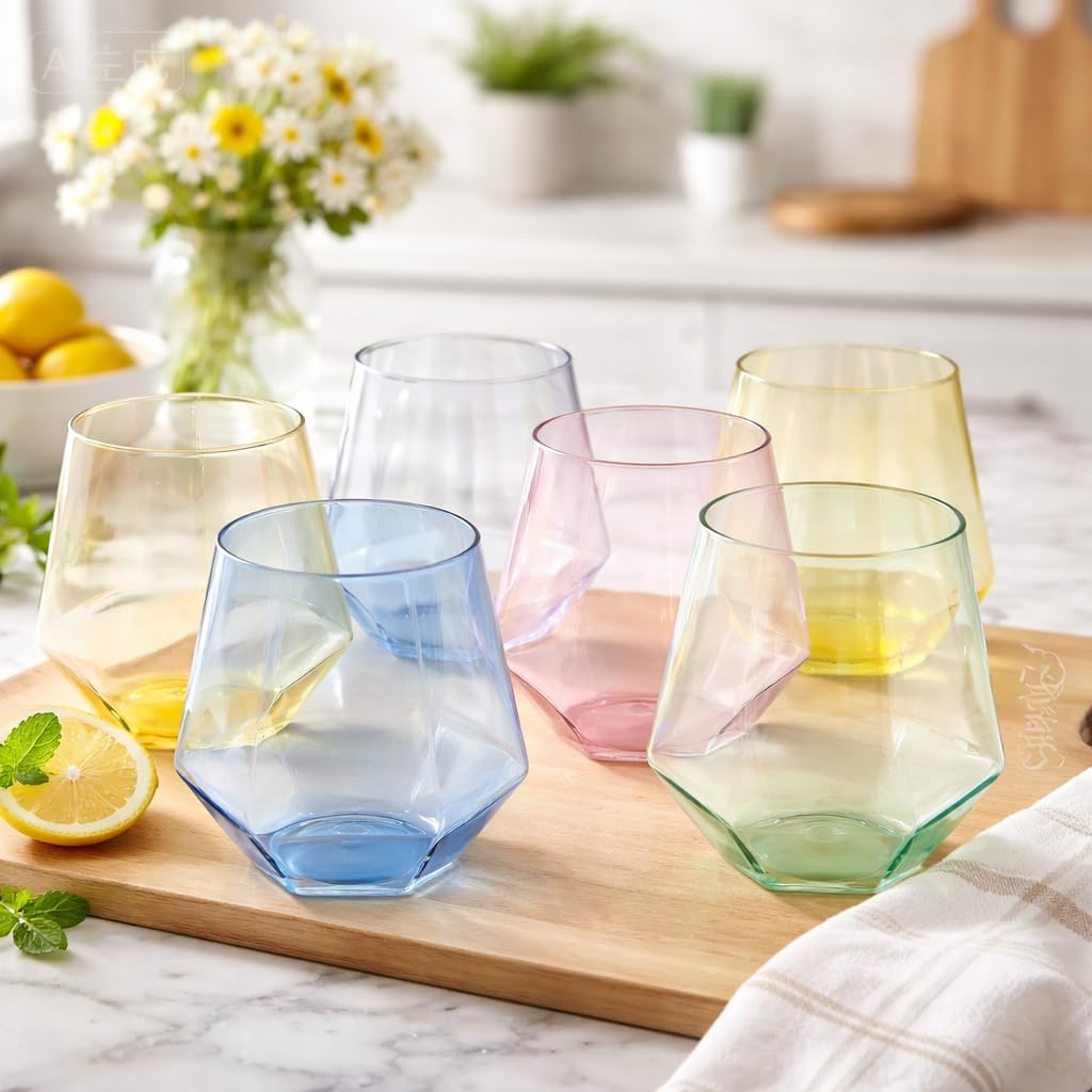Oojami 40 Pack Diamond Disposable Plastic Wine Glasses 12oz for Parties | Stemless Wine Cups, Champagne Cocktail Whiskey - Shatterproof Unbreakable Reusable Recyclable BPA-Free, Weddings Birthday BST220