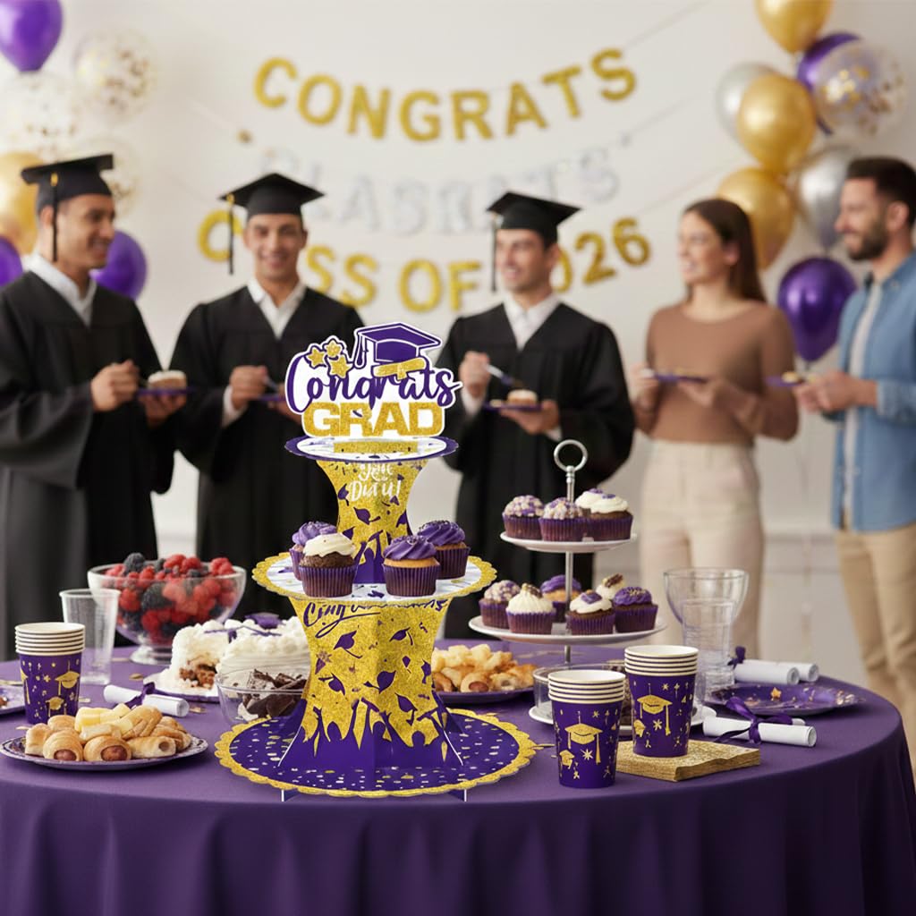 Graduation Cupcake Stand Decoration, 3 Tier Congrats Grad Party Cupcake Holder Tower, Cardboard Grad Theme Dessert Cookies Stand for Graduation Party Supplies Favors (Black & Gold) BST220