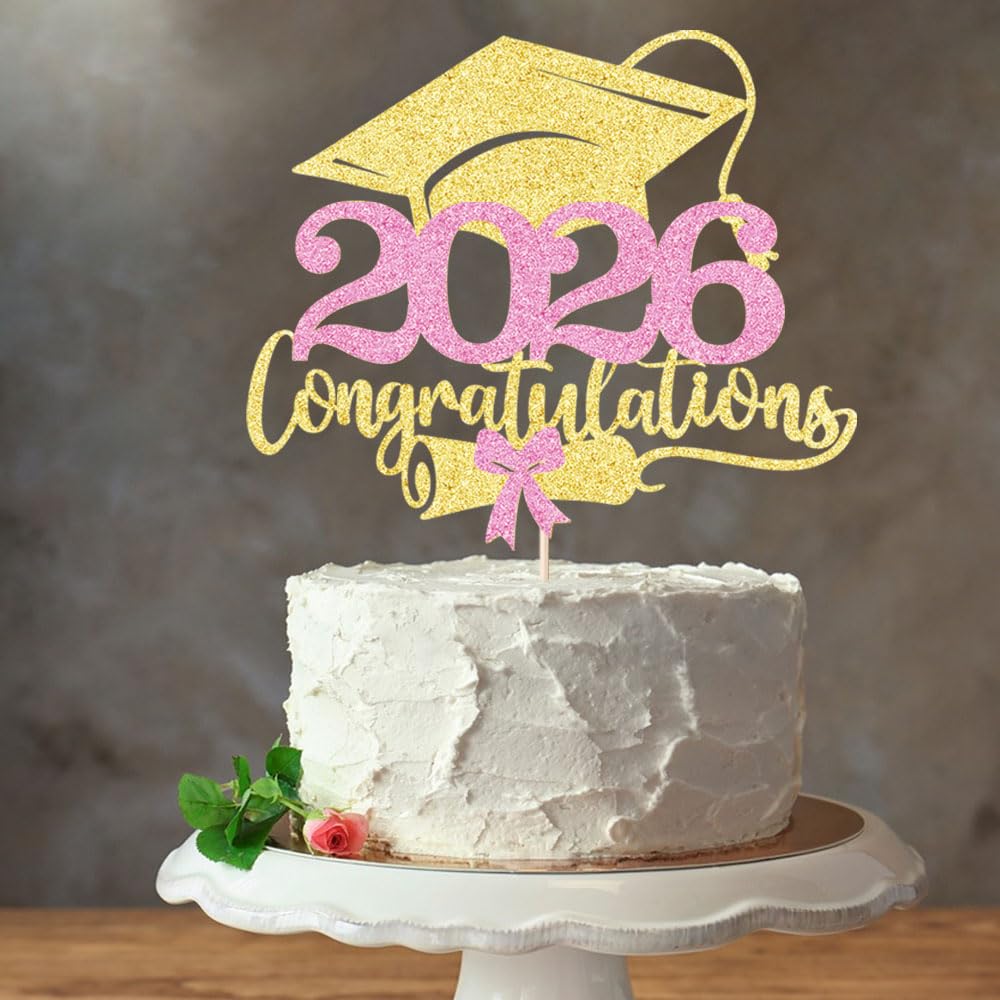 Class of 2026 Cake Topper | Gold Glitter Grad Cap Cake Pick-Boys Girls primary school High School College 2026 Graduation Theme Party Cake Decor Supplies BST202