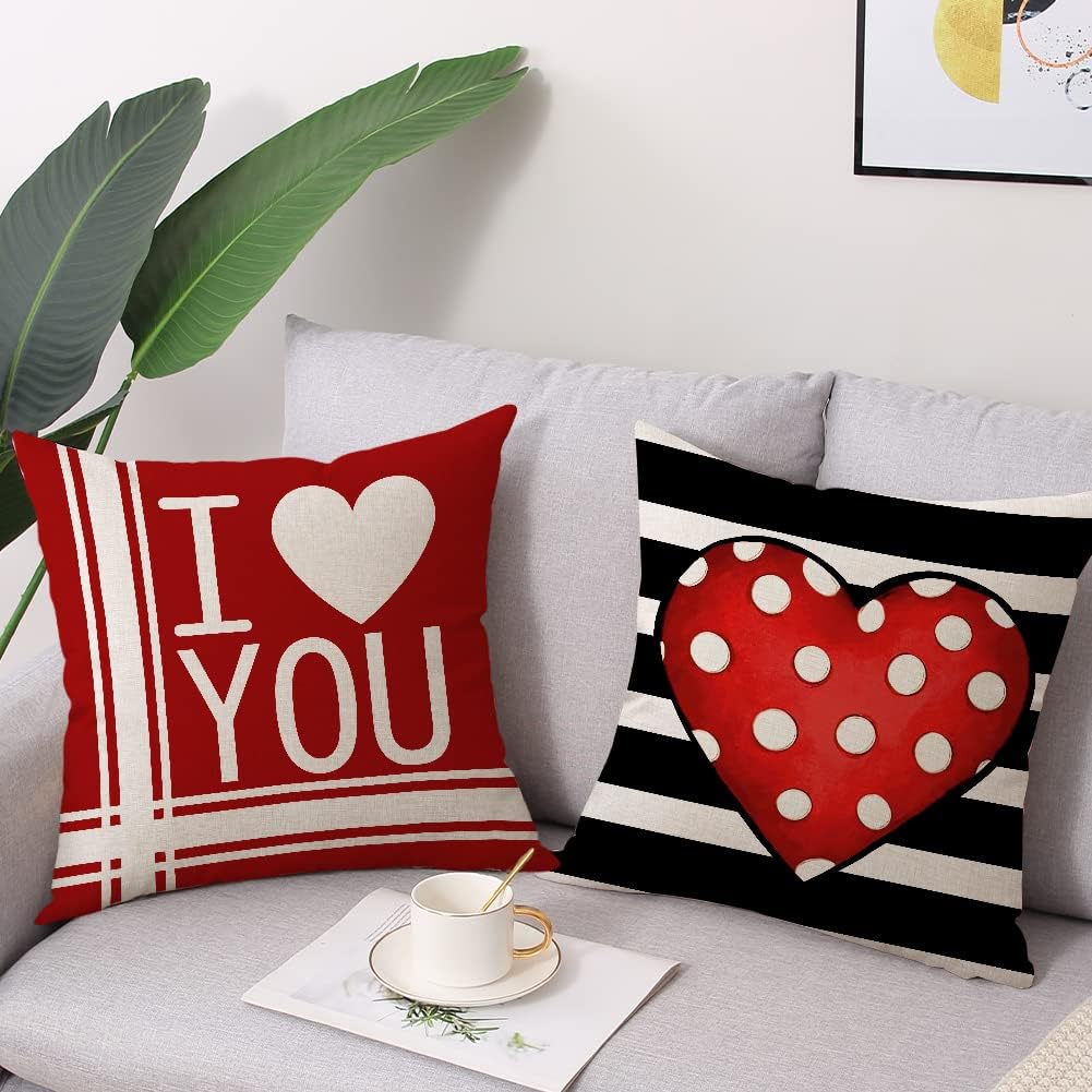 Valentines Day Pillow Covers 18x18 Set of 4 Polka Dot Love Heart Stripe Red Truck Linen Cushion Covers Square Valentine's Day Decoration Pillowcase for Sofa in-Outdoor Home Décor BST326L