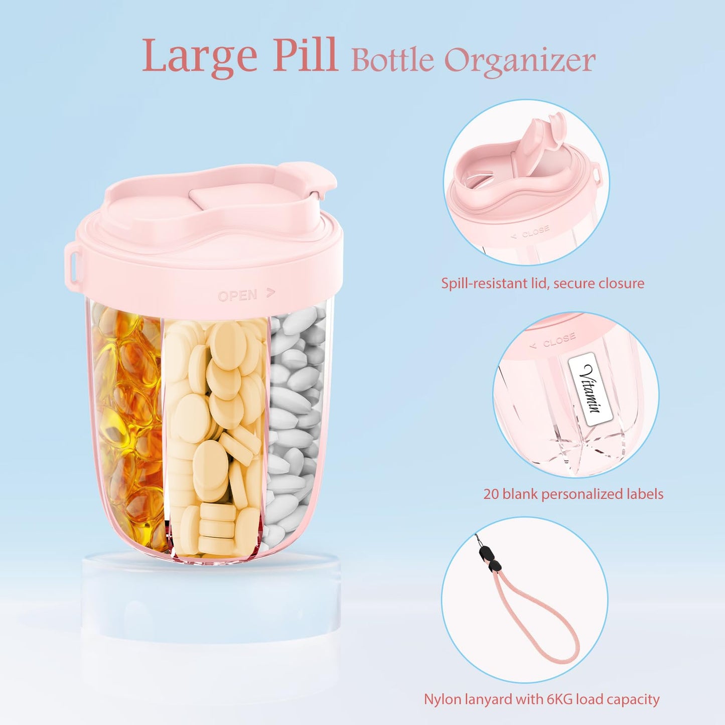 Pill Dispenser with 7 Large Compartments - Portable Pill Organizer for Travel, Anti-Mix Design & Wide Opening Design, Easy Access to Vitamin Dispenser, Includes 20 Blank Stickers (White) WN420