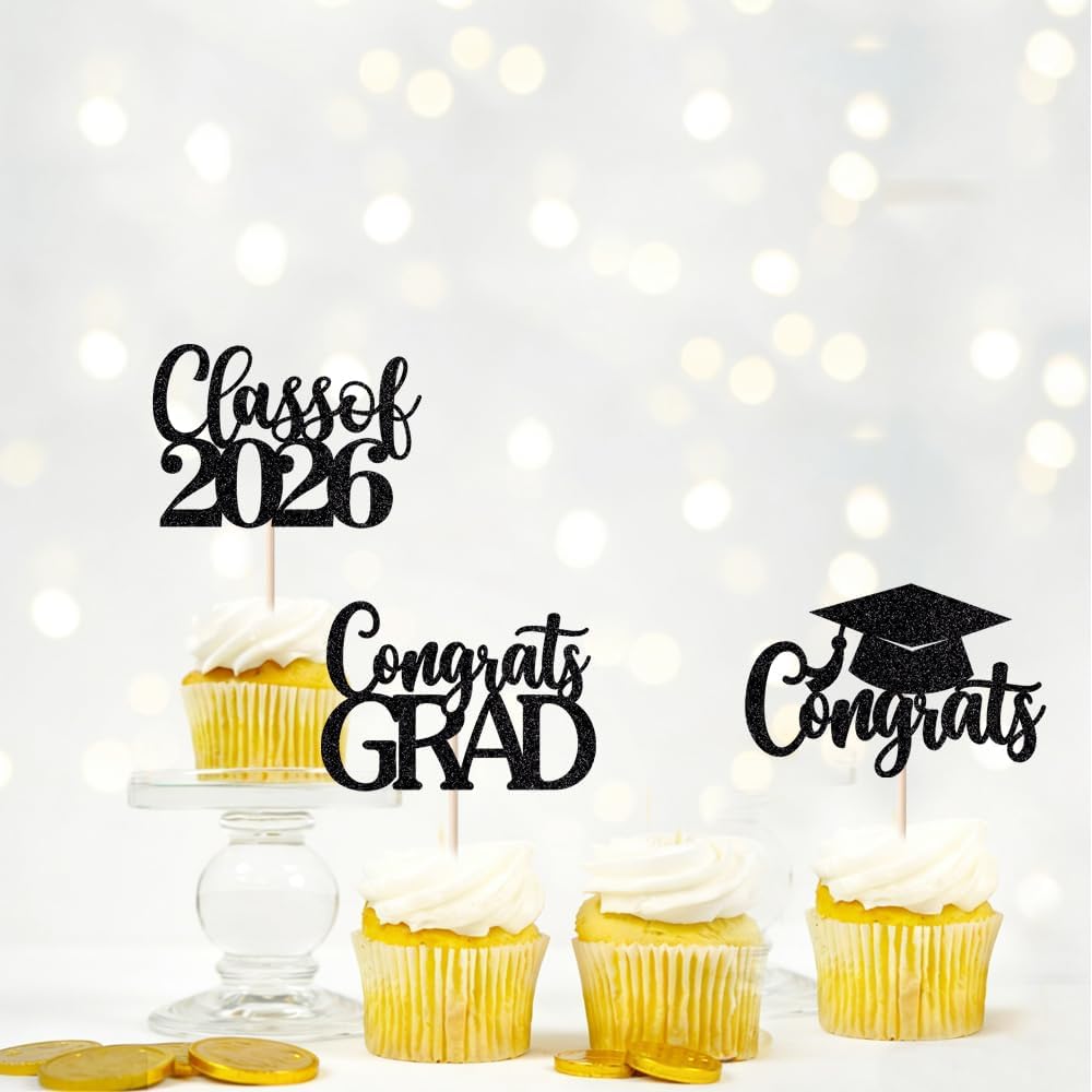 24Pcs Graduation Cupcake Topper, Glitter Class of 2026 Cupcake Topper Supplies for 2026 Congrats Grad Cap Diploma Cake Decor Graduate Celebration Party Cake Decorations Supplies (Black - 24) BST326L