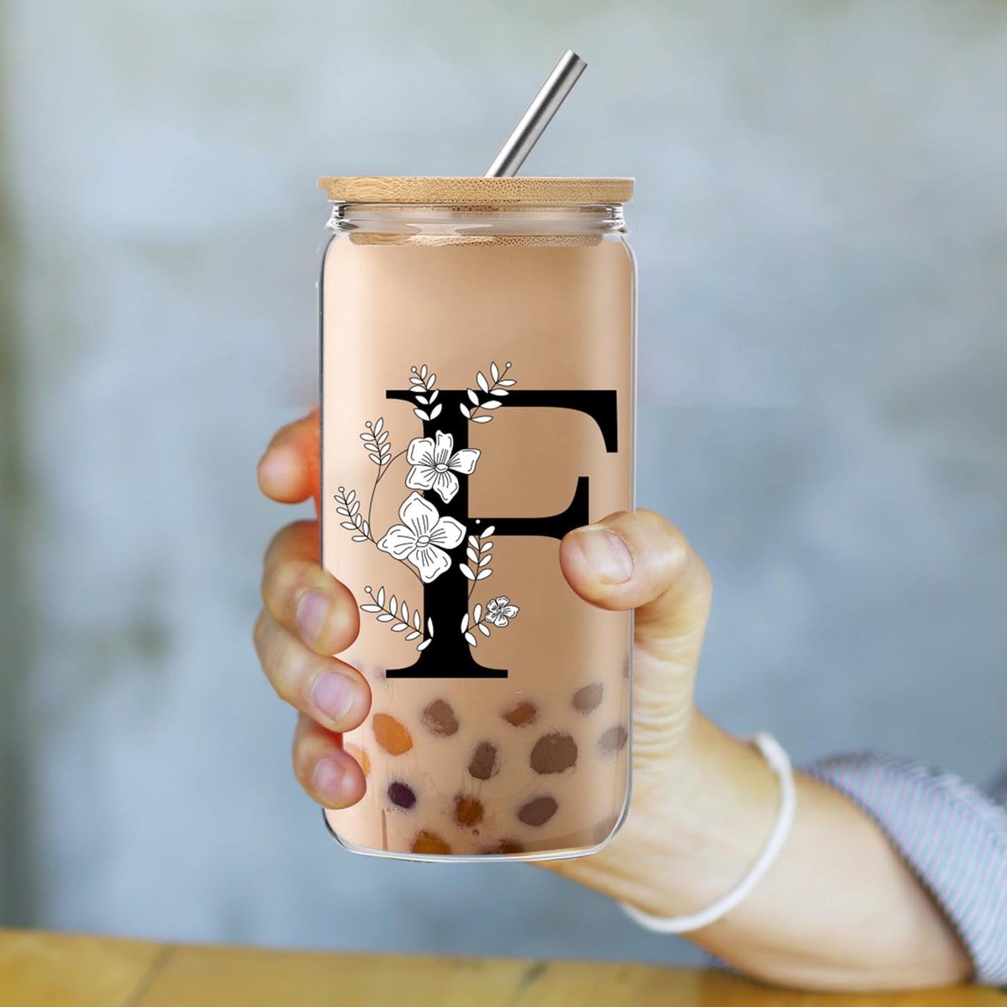Monogrammed Initial Glass Cup with Lids and Straws gift for Women | Personalized Gift Set with Doll, 16 Oz Ice Coffee Cup ,reusable glass tumbler,Birthday Christmas Gift for Her,U WN420