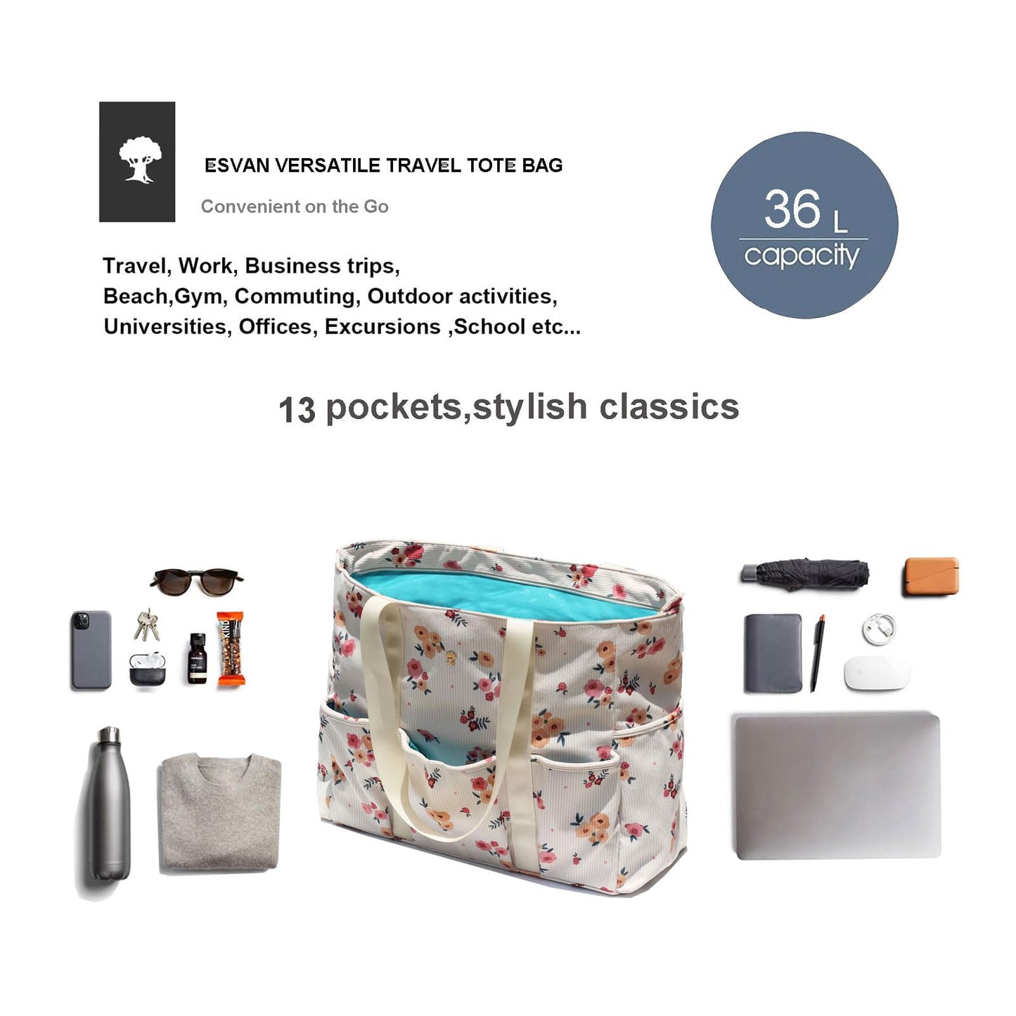 ESVAN Utility Tote Bag Weekender Duffle Bag with 13 Pockets - Perfect for Travel, Work, Gym, Beach, Teachers, and Nurses BST326H