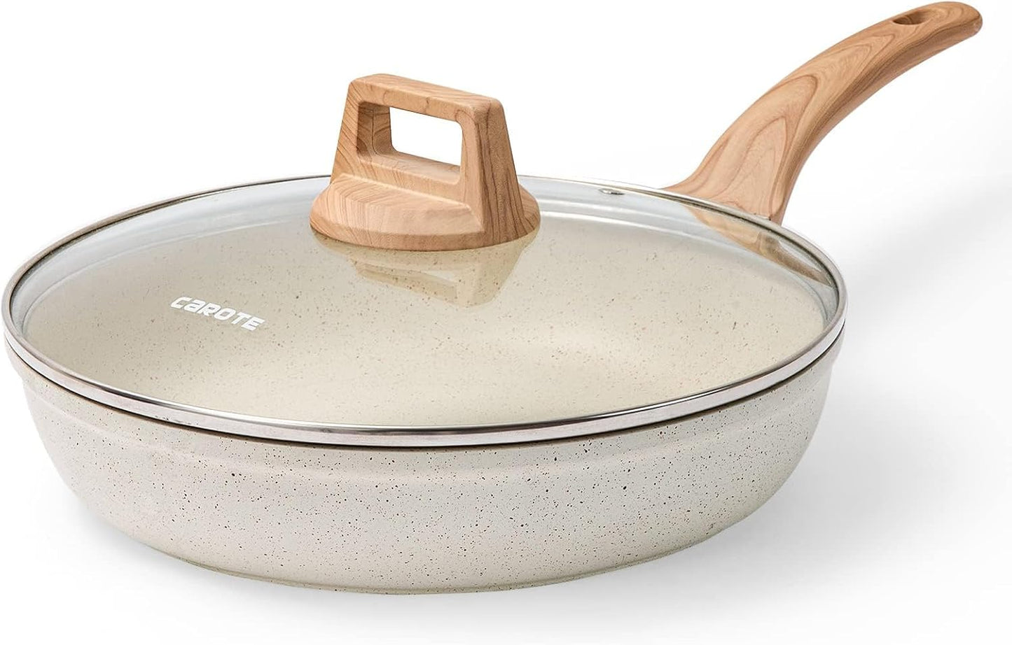 CAROTE Non Stick Frying Pan, 12 Inch Cream White Skillet with Glass Lid | Non Toxic Kitchen Healthy Cookware, Compatible with All Stovetop, Easy to Clean, PFOA Free BST202
