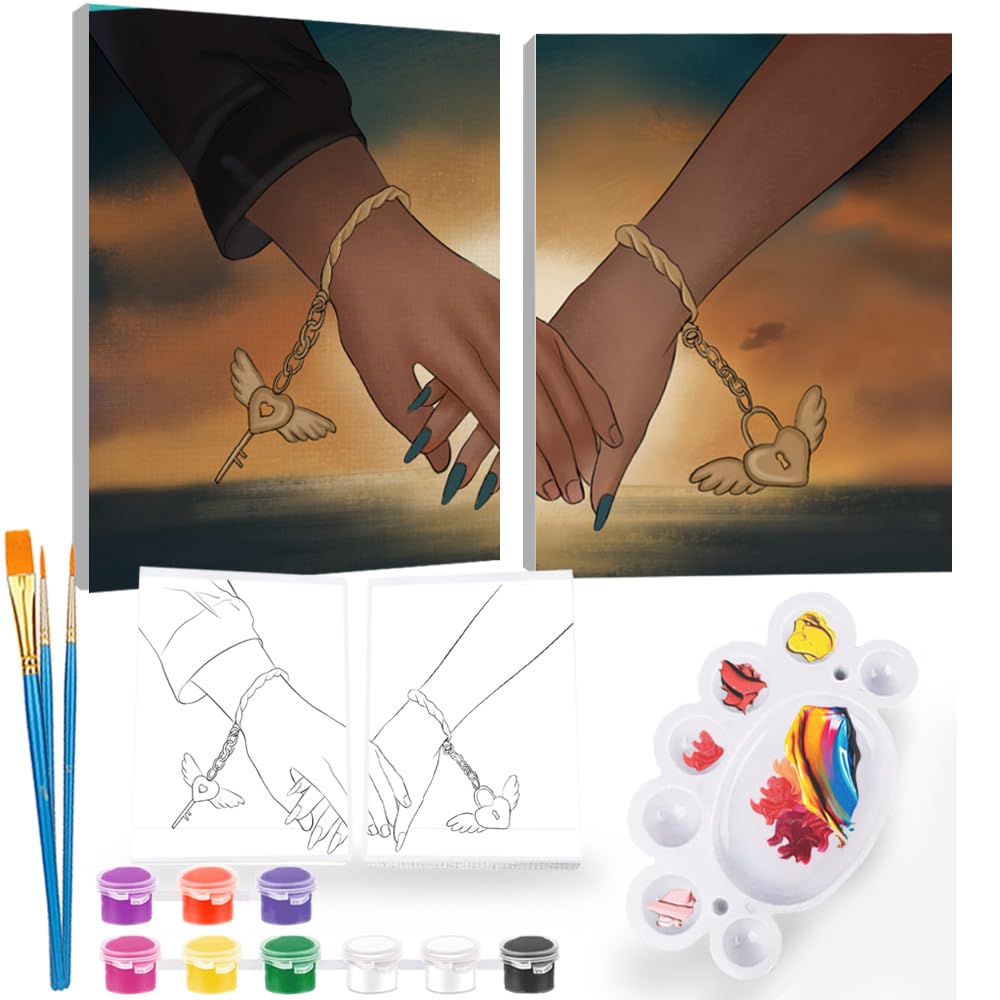 2Pcs Sip and Paint Kit for Adults,Valentines Couple Painting Kit Supplies Canvas, Pre Drawn Canvas to Paint for Date Night for Couples DIY Acrylic Painting Kits Party Favor 8×10 WN420