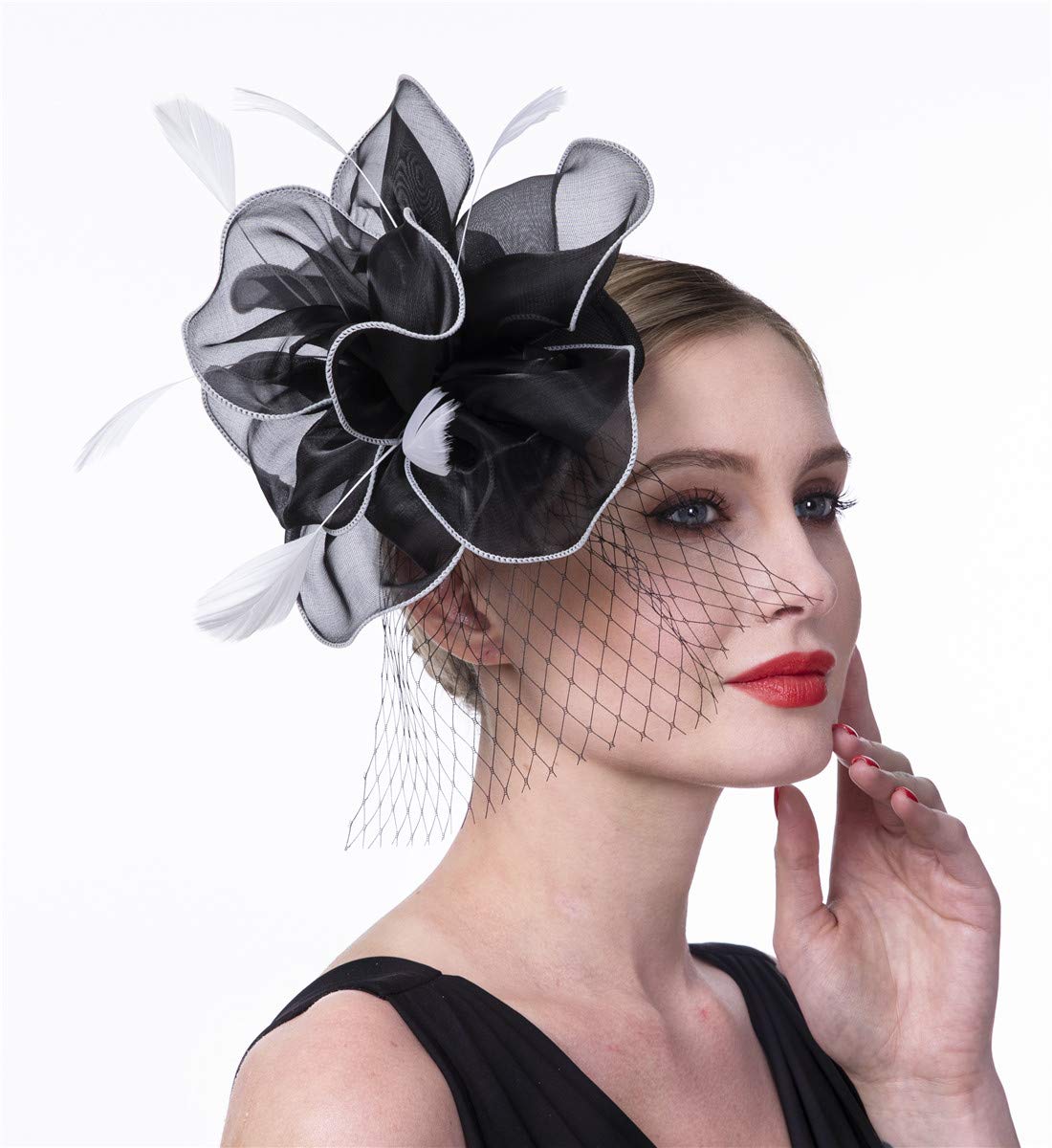 SAFERIN Fascinators Hat Flower Mesh Ribbons Feathers on a Headband and a Clip Tea Party Headwear for Girls and Women WN420
